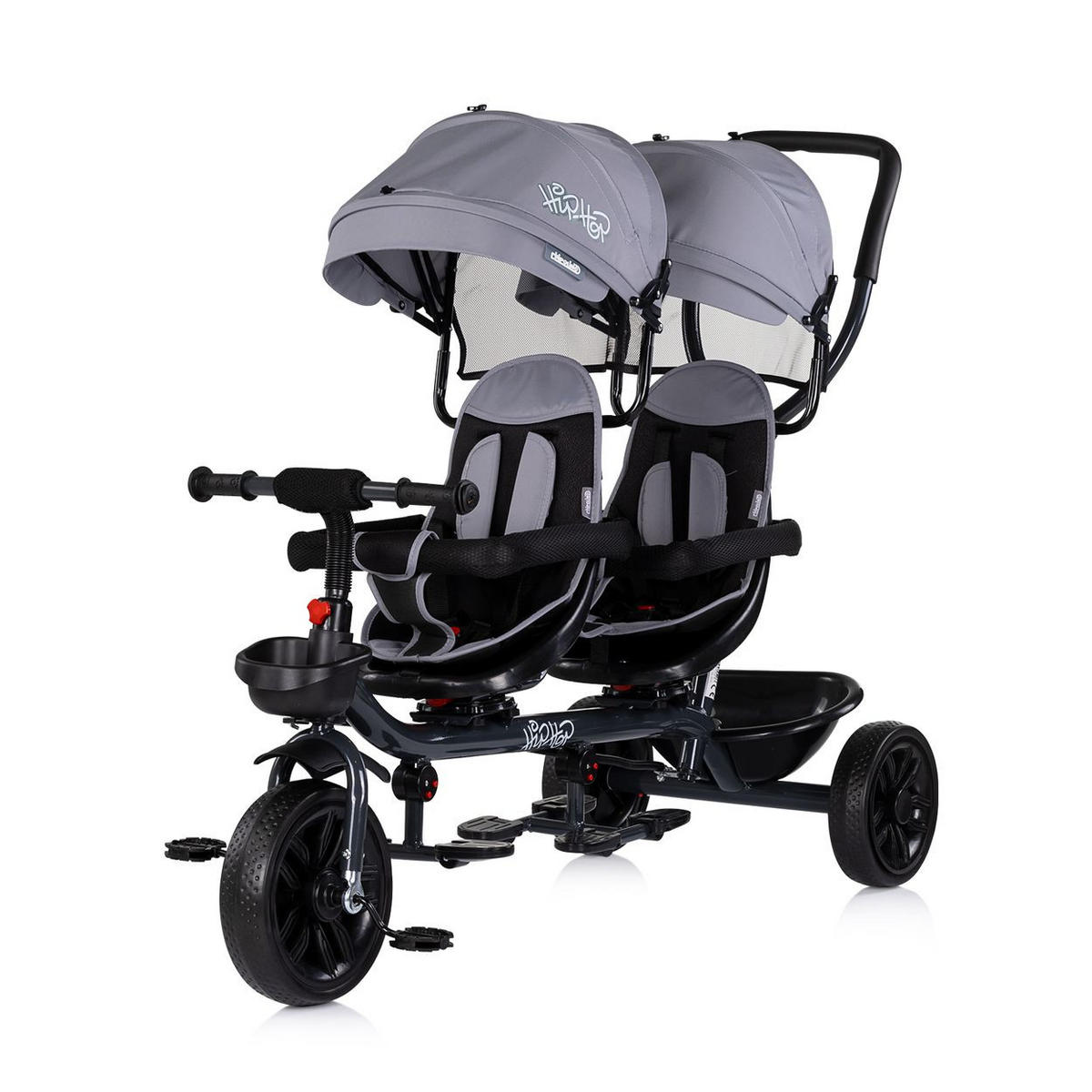 GESCHWISTERDREIRAD Hip Hop grau/schwarz Schiebegriff, Sitze 360° drehbar, Gurte - Schwarz/Grau, Metall (131/49/95cm) - Babyshoppen