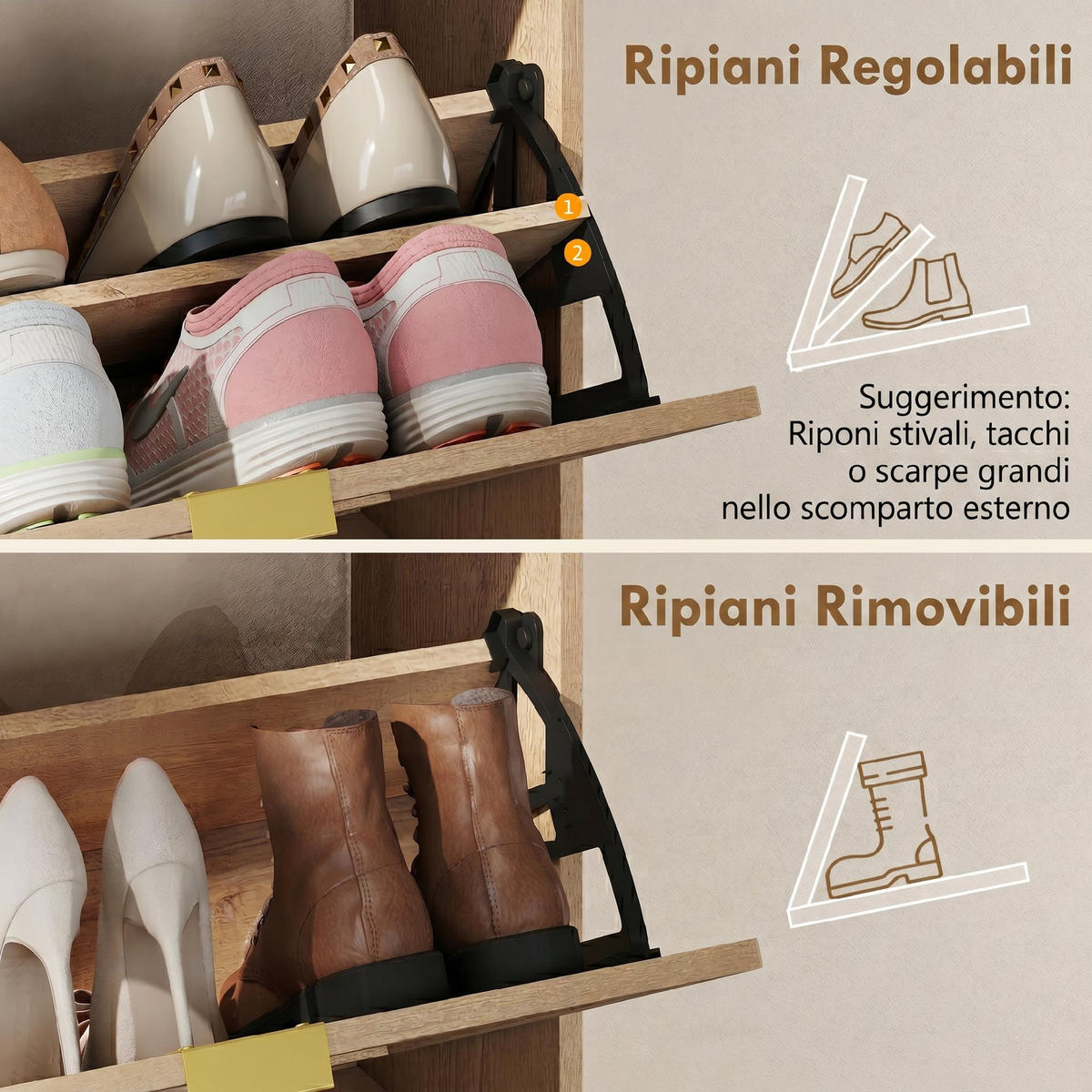 SCHUHREGAL,2 Klapptüren verstellbare Böden für 8 Paar,walnussfarben - Braun, Holzwerkstoff (120/80/29cm) - Vallsero