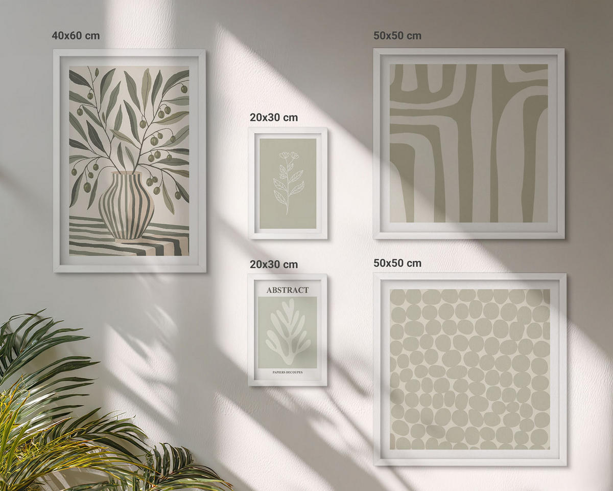 WANDBILDER 5er-Set - 50x50 cm & 20x30 cm & 40x60 cm Weißer Rahmen - Abstrakte Pflanzenmuster - Weiß, Kunststoff (40/60cm) - ArtPrintCave