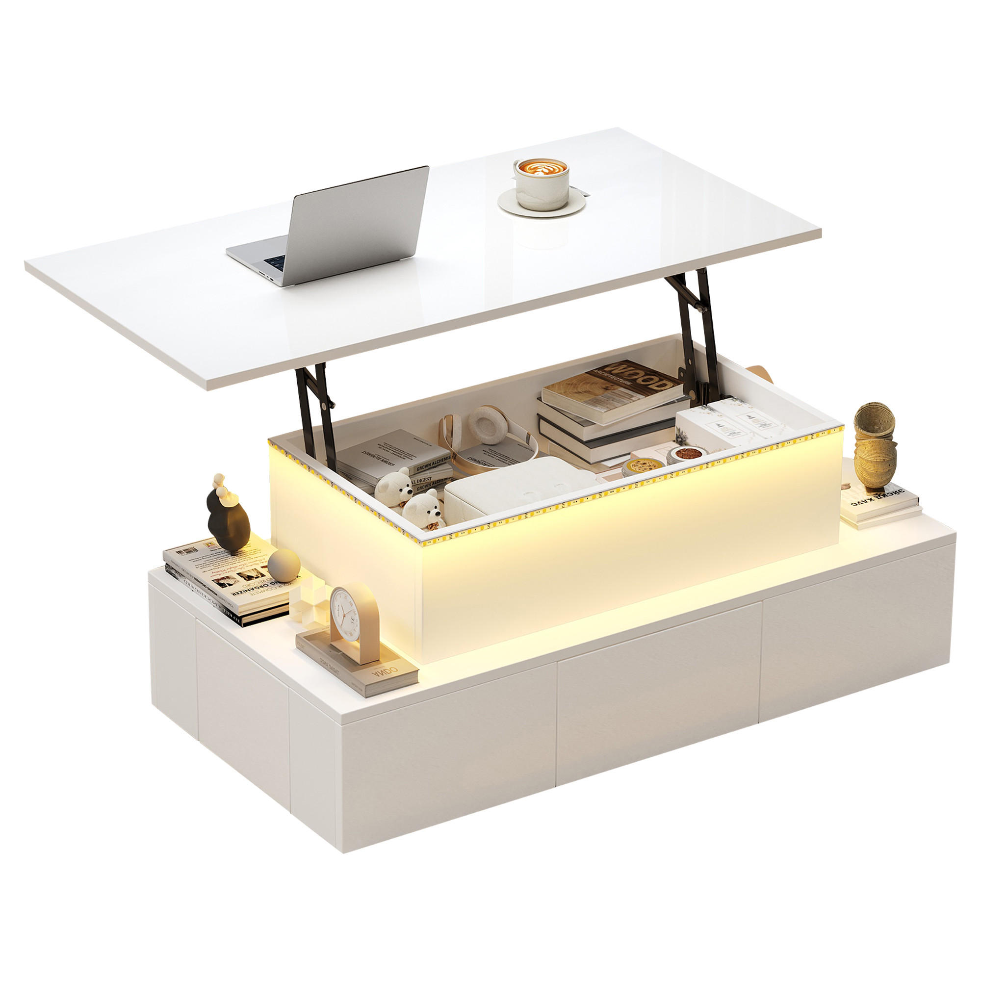 COUCHTISCH 100x50x40cm Höhenverstellbar-Hochglanz-LED-Sofatisch-Weiß - Weiß, Holz (112.5/59/16.51cm) - Raelunyi