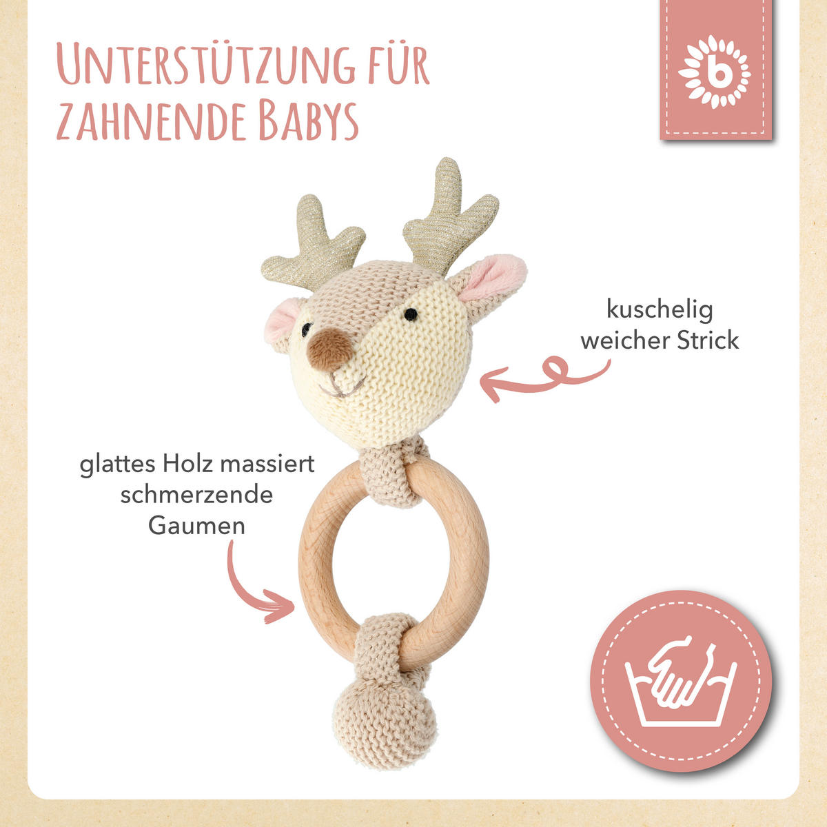 GREIFLING Rassel Holz Natur und Baumwoll - Rosa, Textil (10/17cm) - Bieco Spielwaren