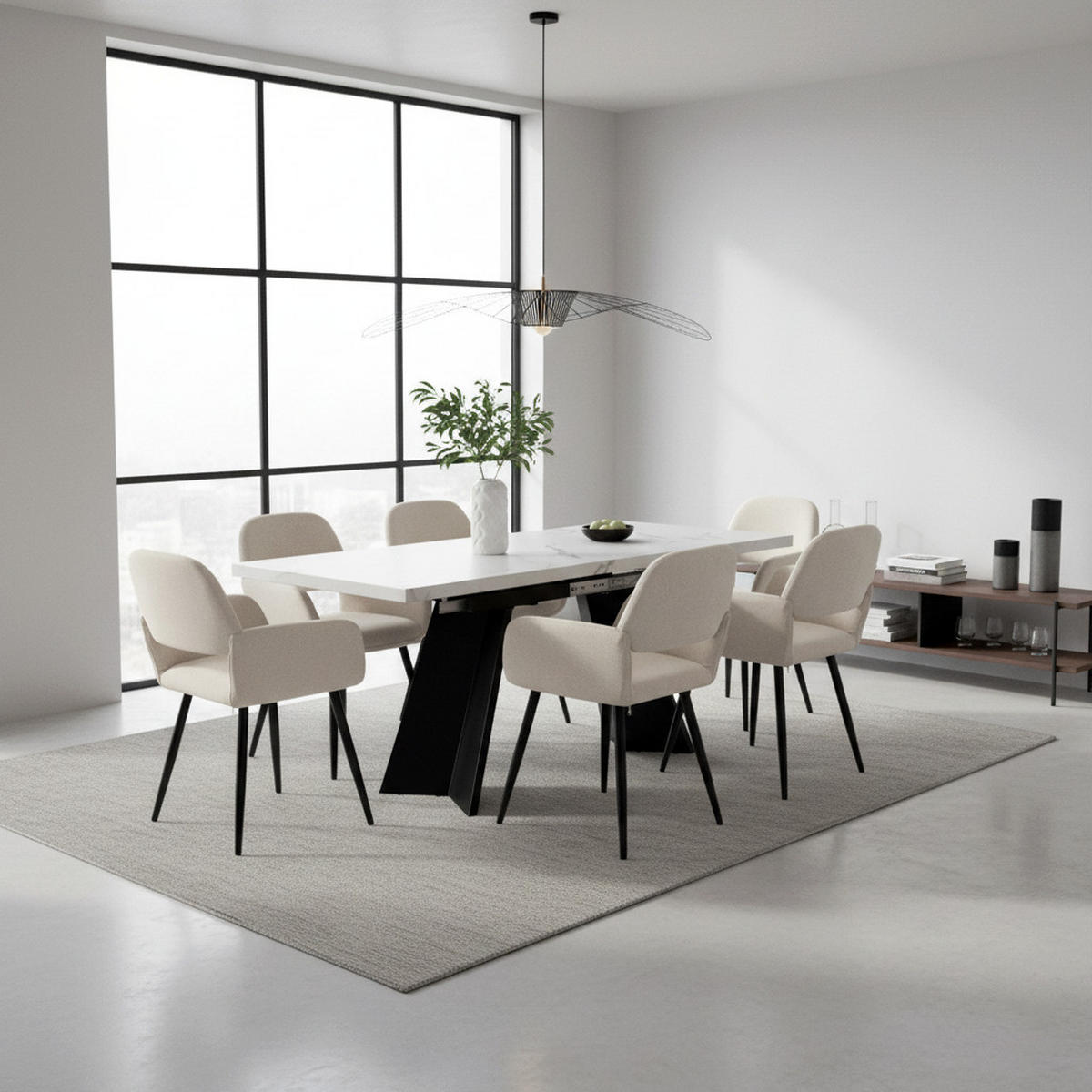 TISCHGRUPPE 7-teilig Ausziehtisch Marmoroptik Weiß & 6x 360° Drehstühle Beige - Schwarz/Weiß, Holzwerkstoff/Textil (159/77/74cm) - Urban Meuble