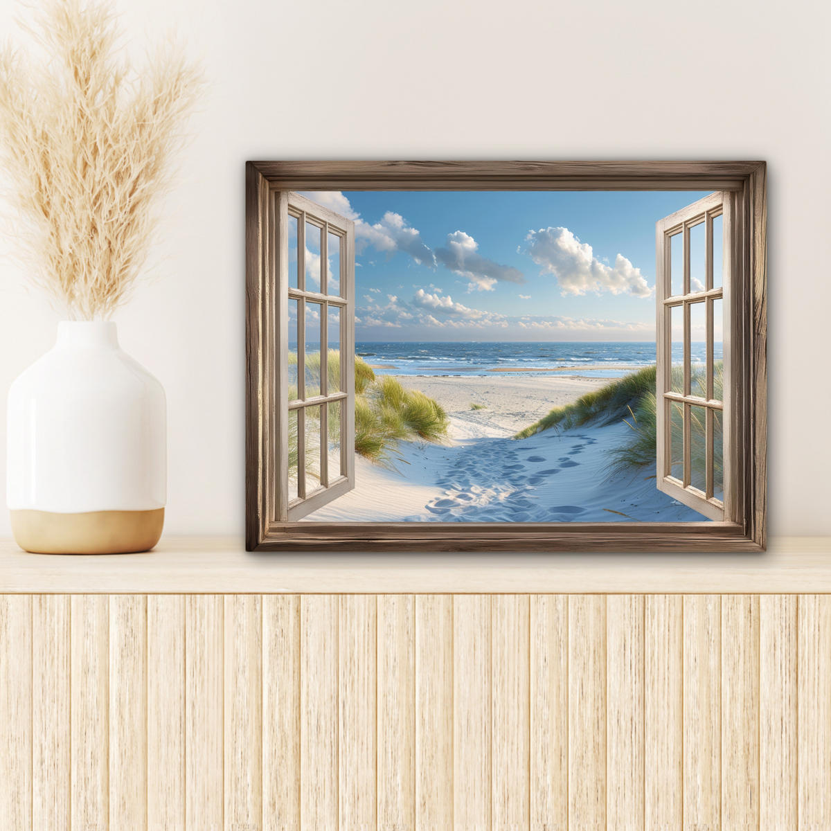 LEINWANDBILD Aussicht - Strand - Fenster - Dünen - Meer 40x30 cm - Hellblau, Textil (40/30cm) - MuchoWow