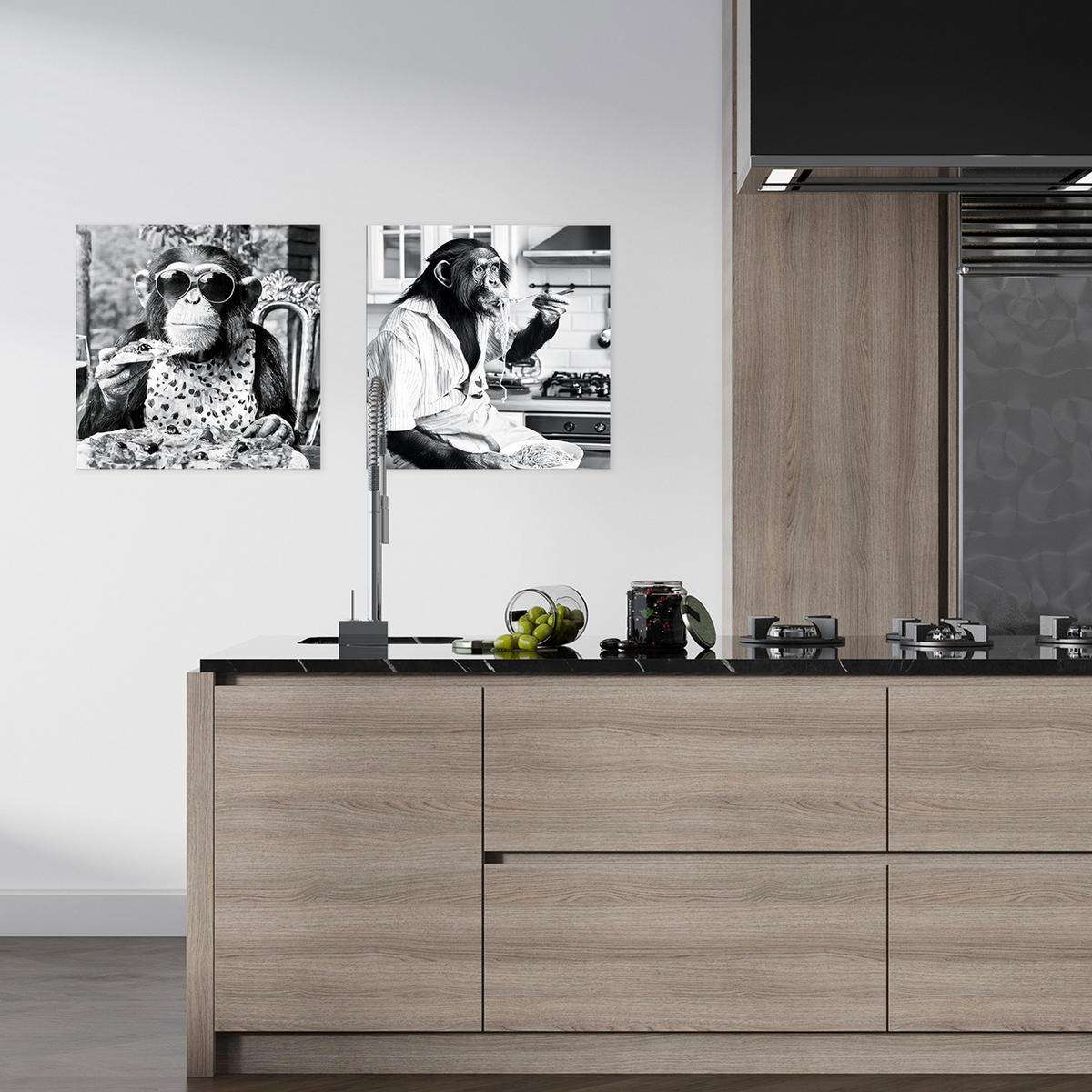 GLASBILD 50x50 cm Küche Affe schwarz weiß - Schwarz/Weiß, Glas (50/50cm) - artissimo