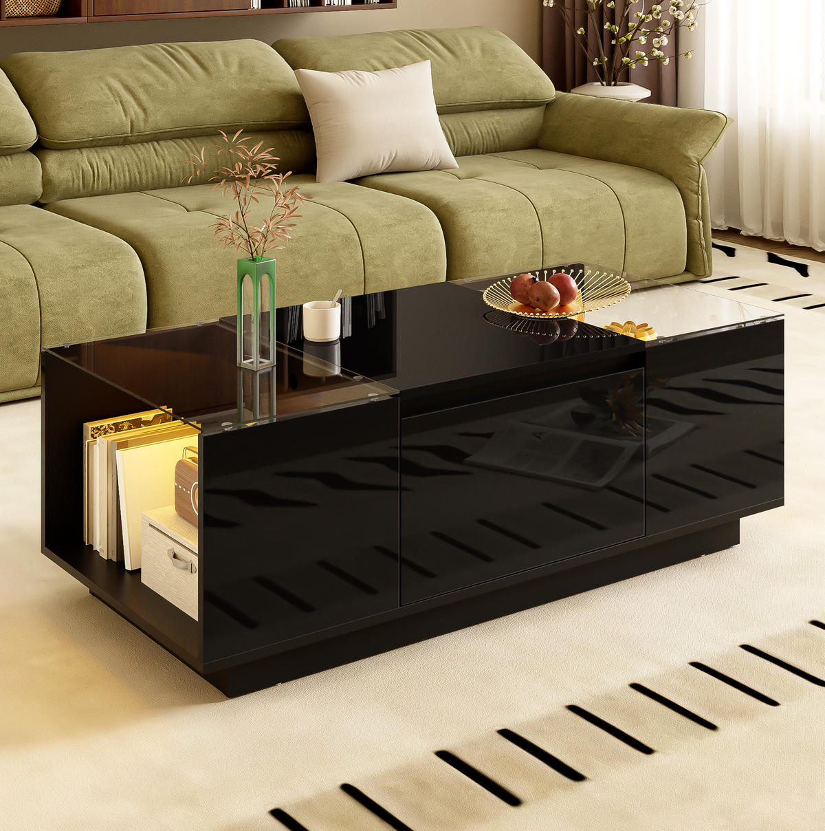 COUCHTISCH 105/50/35 cm schwarz aus Spanplatte mit LED-Beleuchtung - Schwarz, Holzwerkstoff (105/50/35cm) - OKMYHOME
