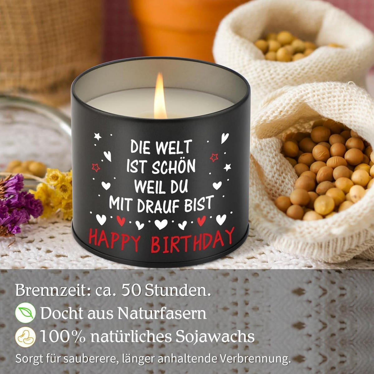 KERZE im Glas Schwarz mit Aufdruck Happy Birthday - Schwarz, Paraffin (8.5cm)