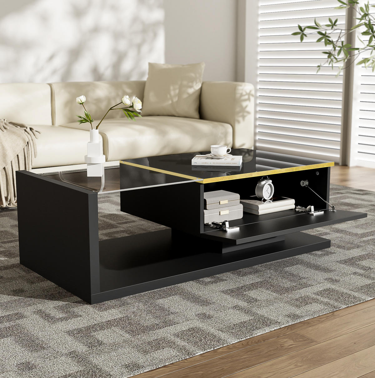 COUCHTISCH aus Spanplatte und Glas 100x50x32,5 cm in Schwarz mit LED-Beleuchtung - Schwarz, Holzwerkstoff (100/50/32.5cm) - Modfu