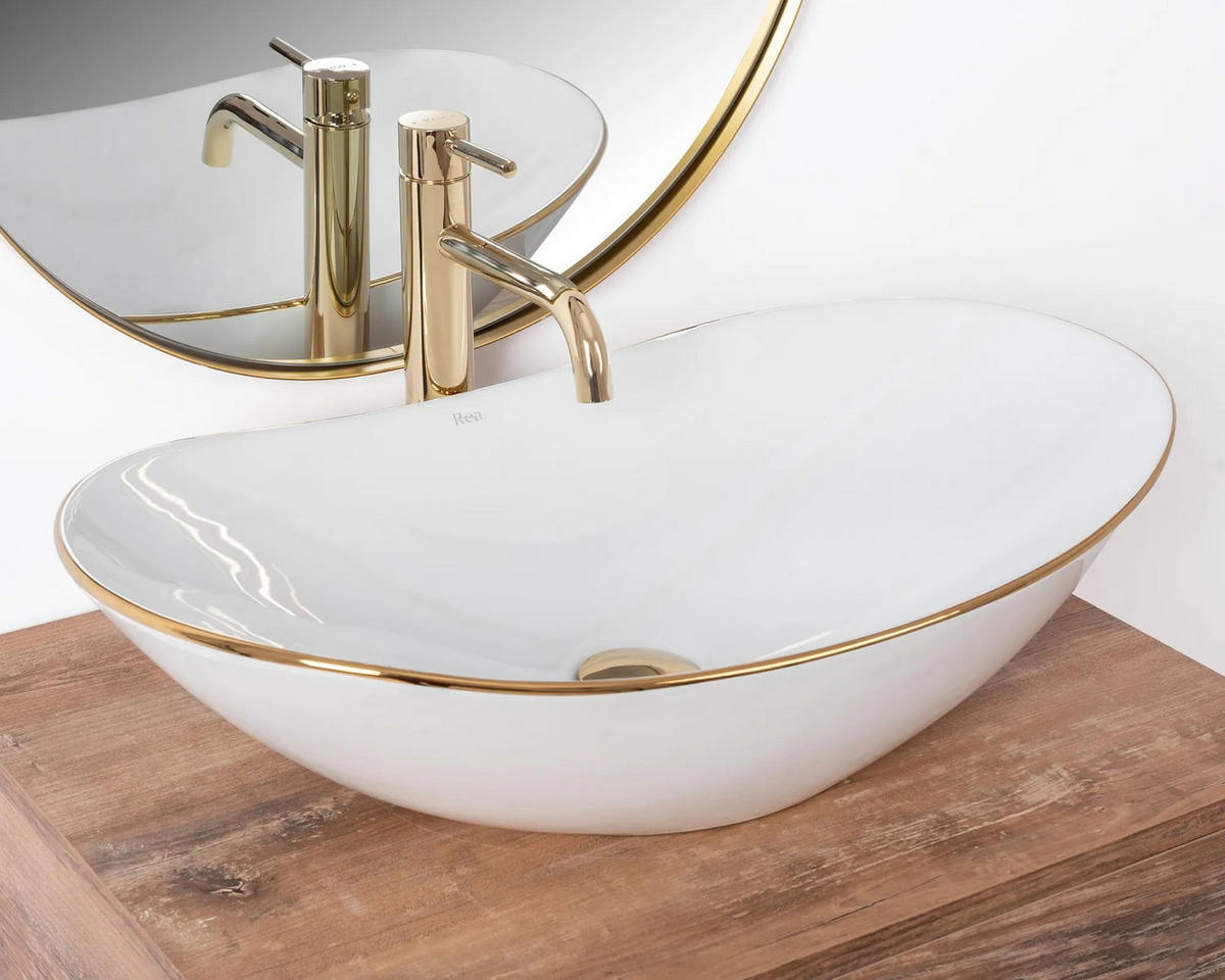 AUFSATZWASCHBECKEN Rea Royal Gold Edge - Weiß, Keramik (36/16/62cm) - REA