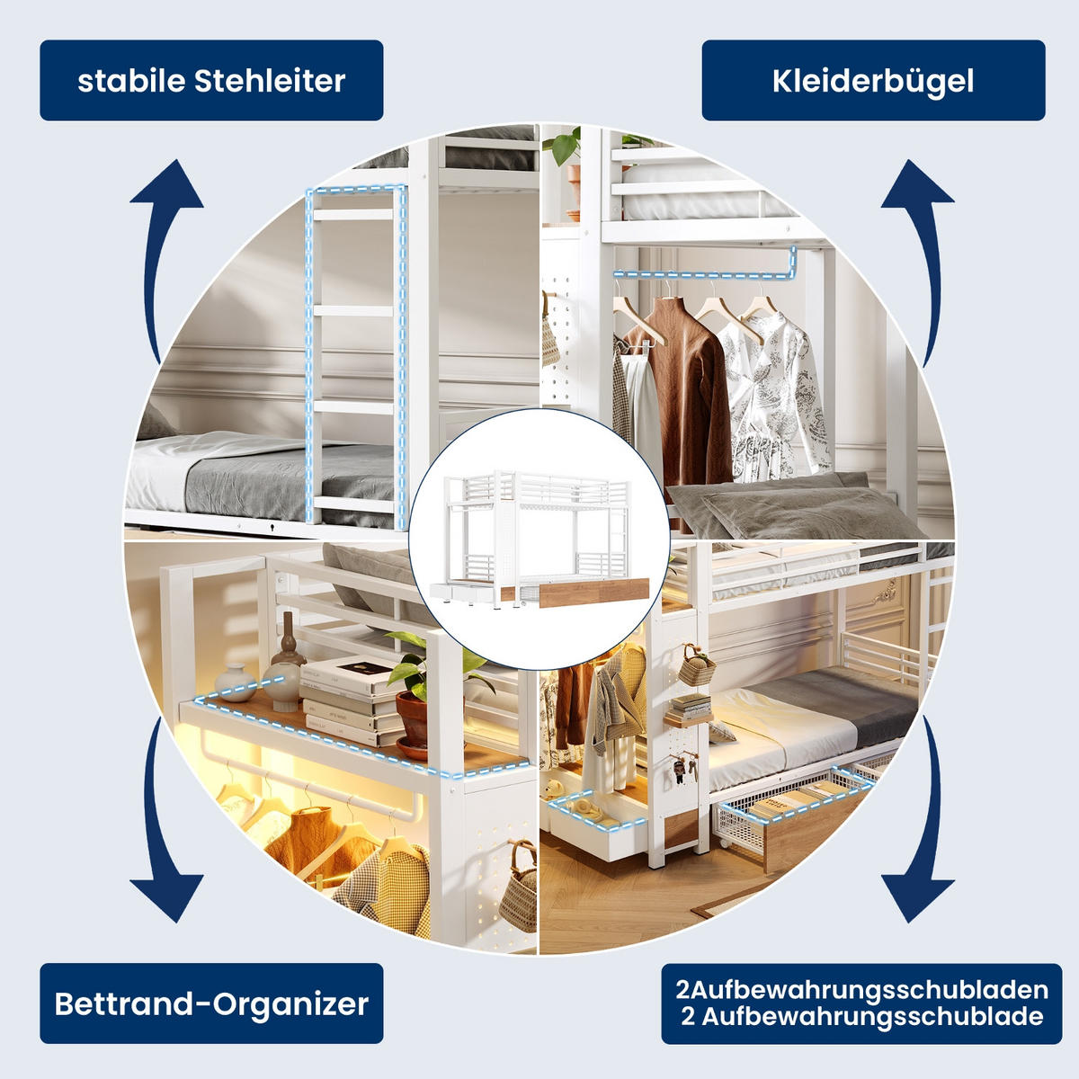 ETAGENBETT 90/200 cm Weiß mit 4 Schubladen, LED-Lichtleiste und Kleiderstange - Weiß, Metall (90/200cm) - Oxeza