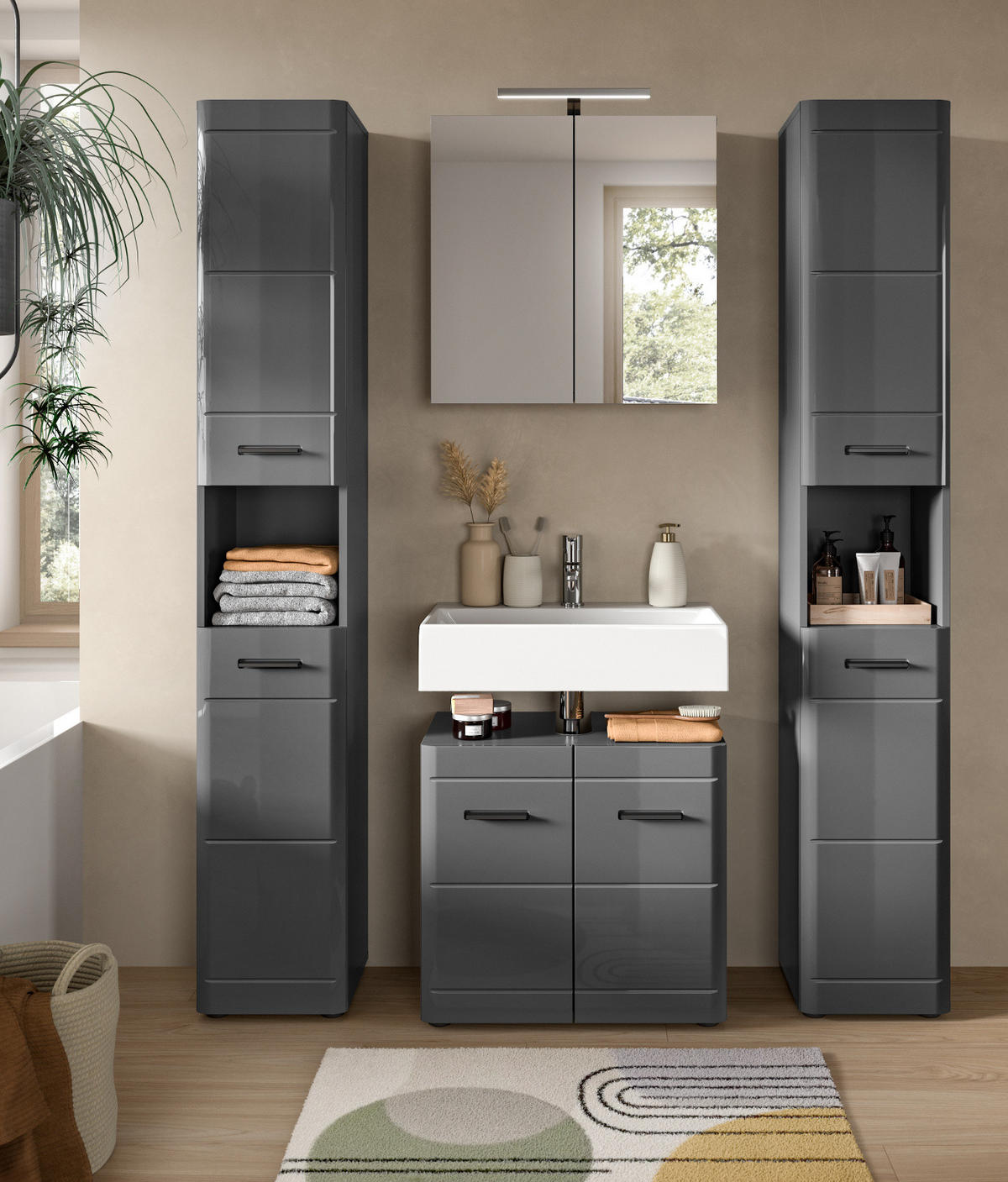 BADMÖBEL-SET grau Hochglanz 4-teilig, Komplettset mit Soft-Close - Grau, Glas/Holzwerkstoff (150/190/34cm) - Inn.Furn