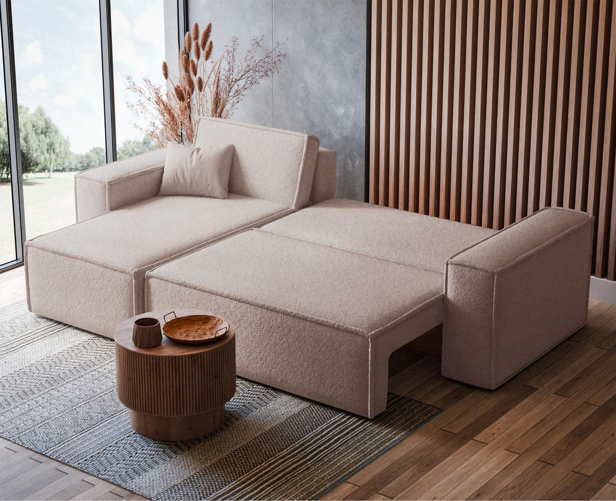 ECKSOFA Scarlo Hellbeige Bouclé-Bezug - Ecru/Schwarz, Kunststoff/Textil (244/145cm) - Selsey