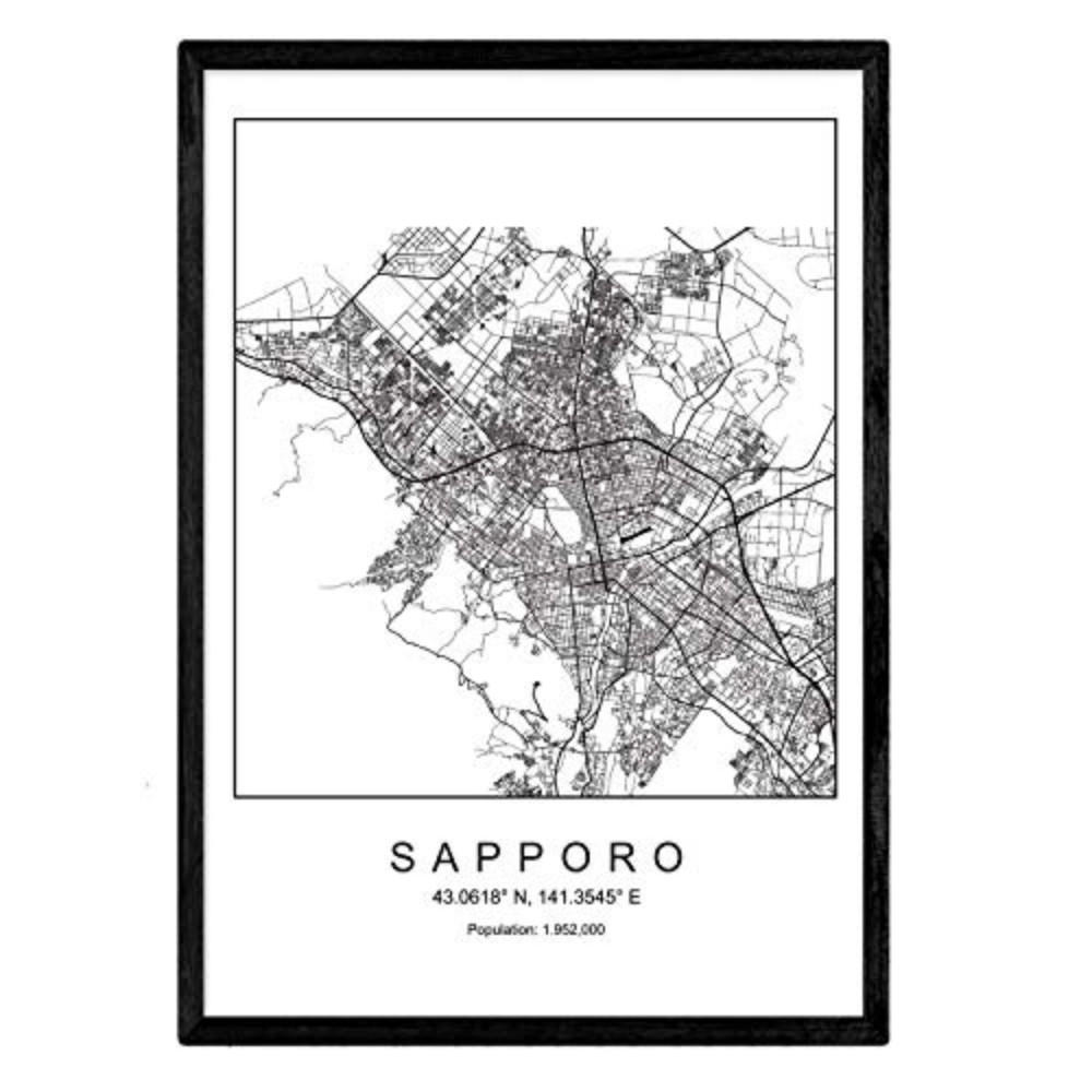 POSTER Sapporo Nordic-Stil A4 Schwarzer Rahmen - Schwarz, Papier (29.7/5/21cm) - Nacnic