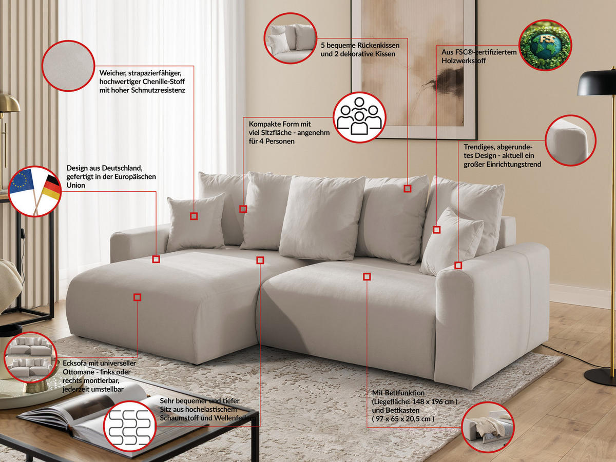 ECKSOFA Calma mit Schlaffunktion und Bettkasten im Bumpy-Design aus weichem Beige Webstoff - Ottomane links - Beige/Schwarz, Holz/Kunststoff (239/140cm) - S-Style