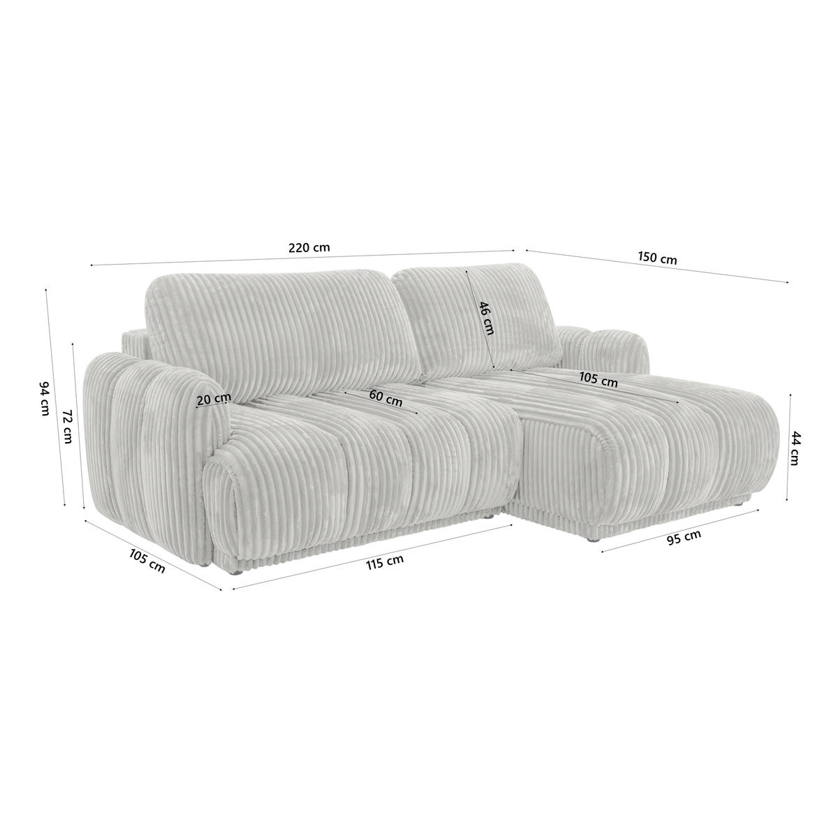 ECKSOFA CAMILO mit Schlaffunktion, Grau - Grau, Textil (220/150cm) - Fedve