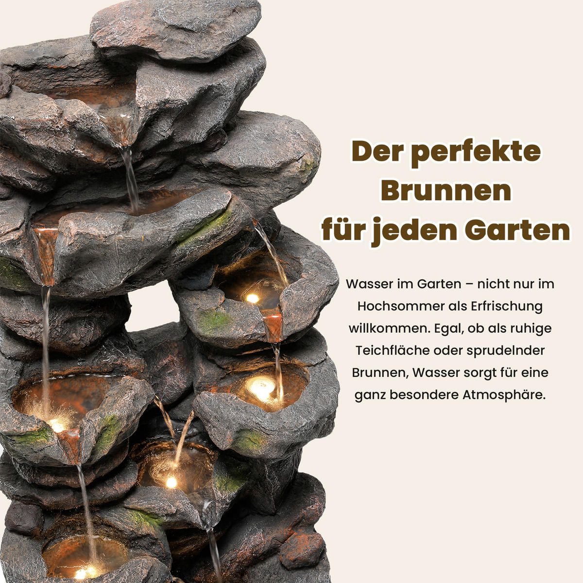 GARTENBRUNNEN, LED-Beleuchtung, Kunststein, Wasserspiel, Grau - Grau, Naturmaterialien (46/36/90cm) - FLIEKS