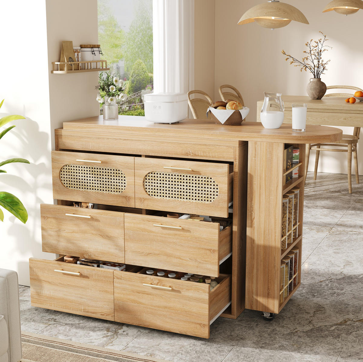 BARTISCH drehbar 128-203 cm Natural MDF/Metall mit 6 Schubladen - Braun, Metall (203/39/90cm) - Meubliv