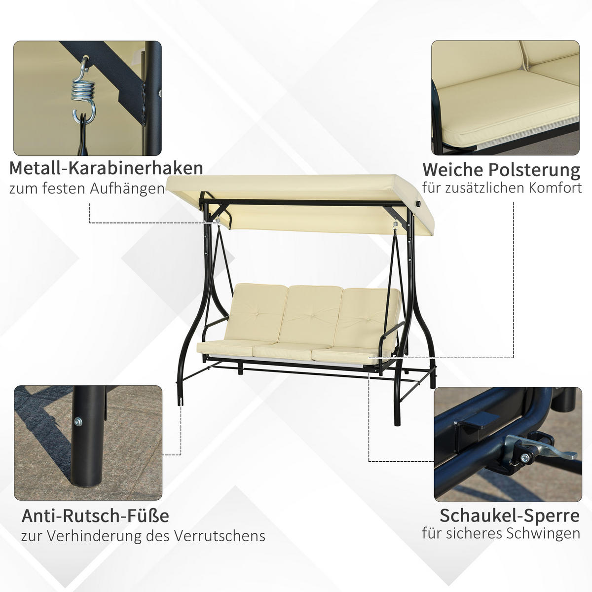 HOLLYWOODSCHAUKEL 3-Sitzer, 2 in 1 mi Liegefunktion - Beige, Metall (117/175/195cm) - Outsunny