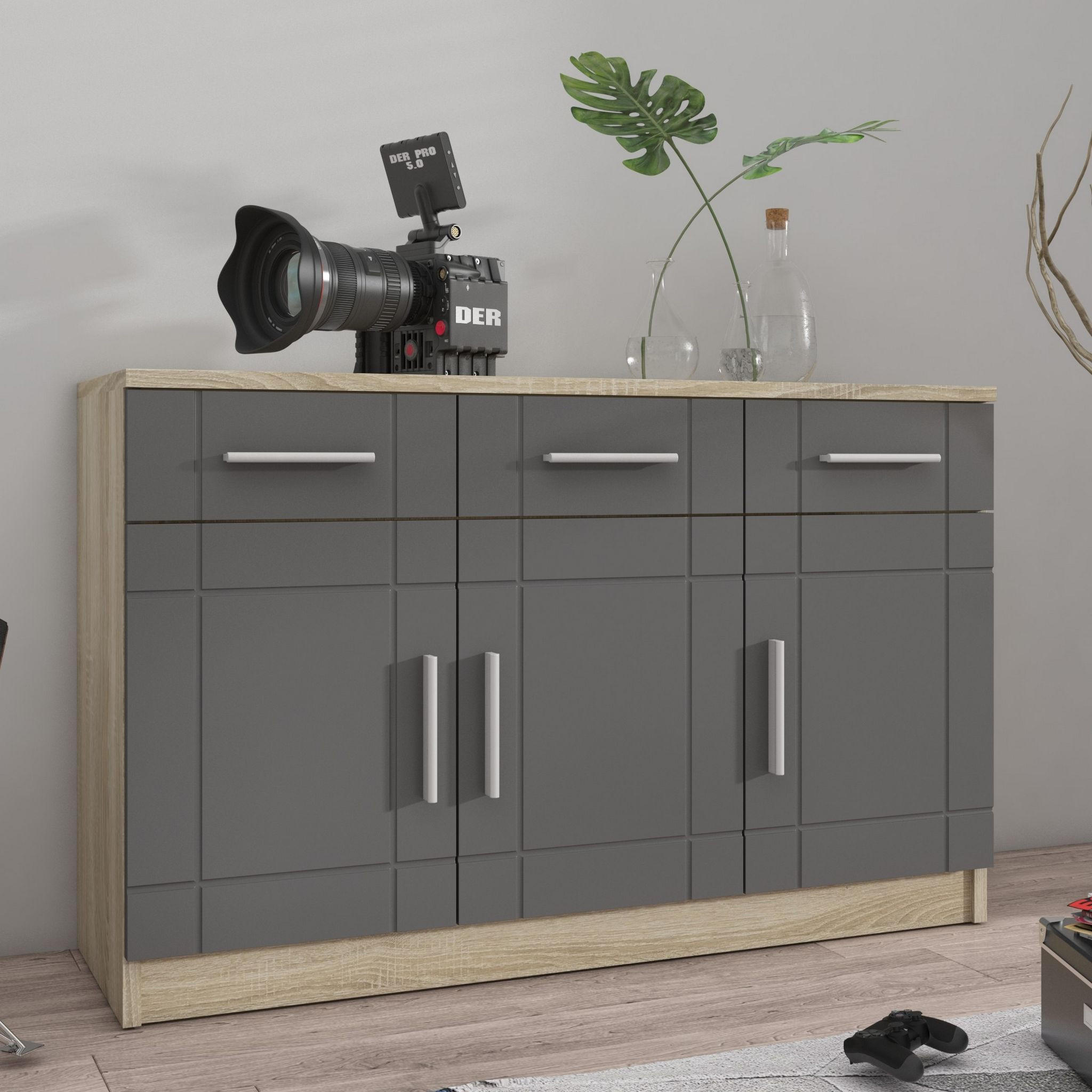 KOMMODE PERUGIA 103/70/37 cm mit 3 Schubladen 3 Türen Sonoma Eiche - Graphitfarben/Sonoma Eiche, Holzwerkstoff (103/70/37cm) - MASSENO
