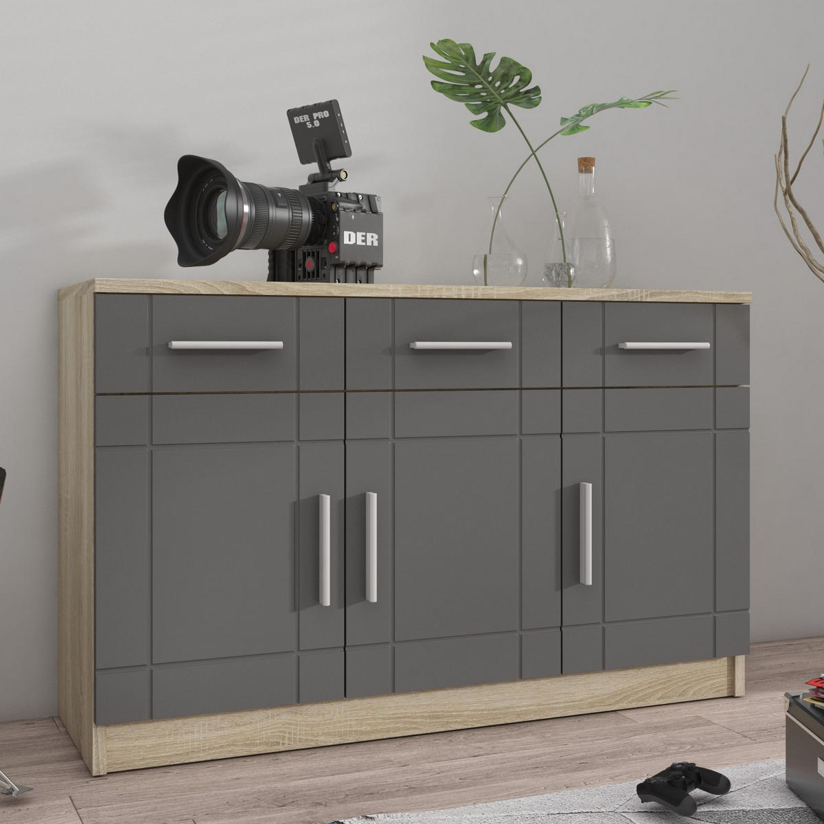 KOMMODE PERUGIA 103/70/37 cm mit 3 Schubladen 3 Türen Sonoma Eiche - Dunkelgrau/Graphitfarben, Holzwerkstoff (103/70/37cm) - MASSENO