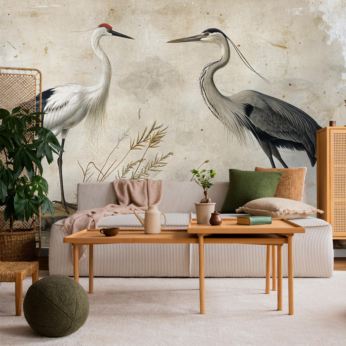 FOTOTAPETE Vögel Vögel Kranich Reiher Retro Stil 200x140 - Beige/Rot, Papier (200/140cm) - Muralo