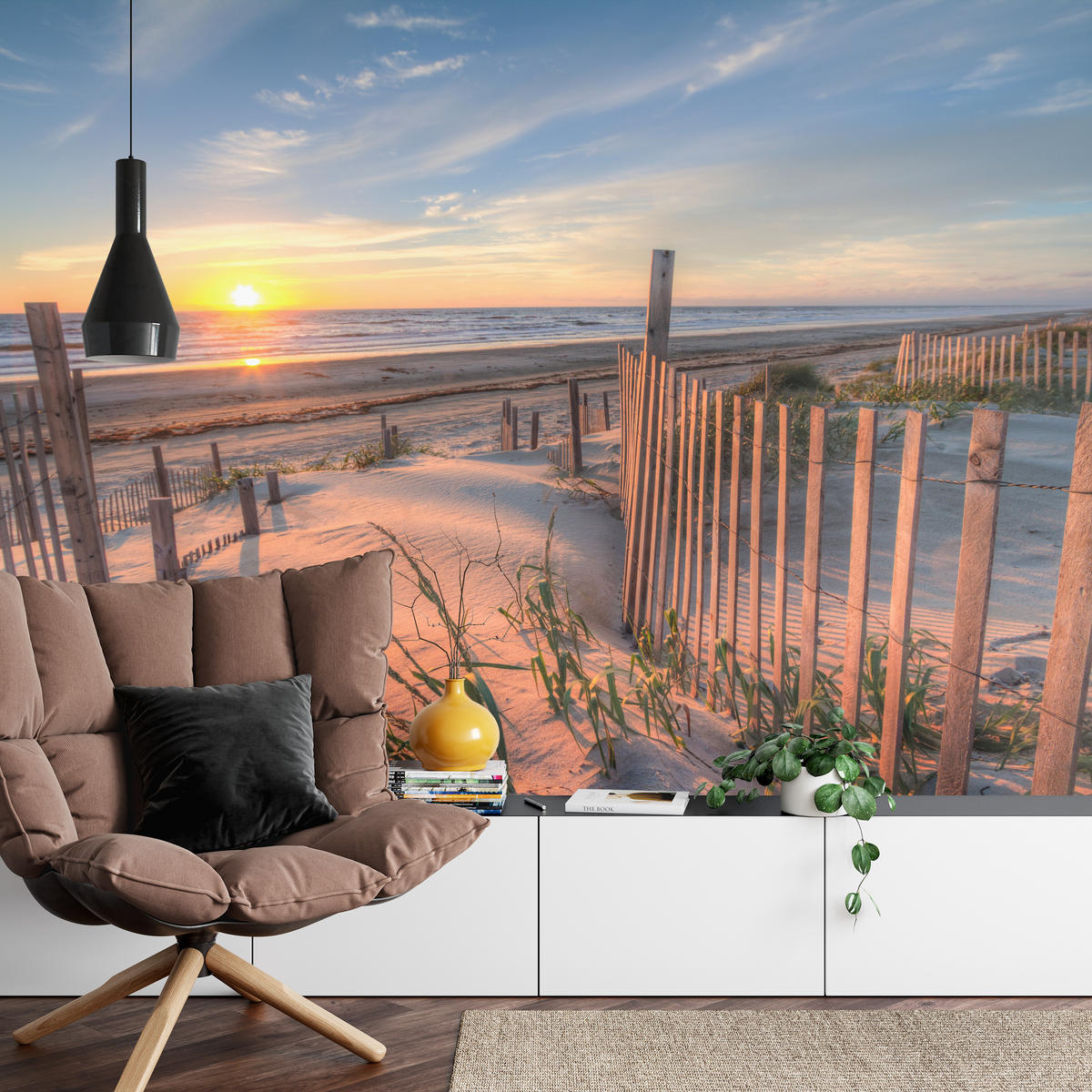 FOTOTAPETE für Wohnzimmer Sonnenaufgang Strand Meer Wellen Dünen 450x315 - Blau/Gelb, Papier (450/315cm) - Muralo