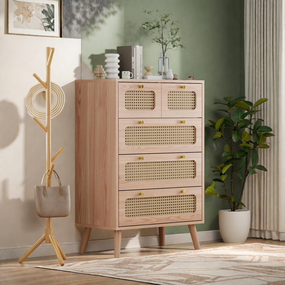 KOMMODE 5 Schubladen Naturholz Rattanfront Massivrahmen - Naturfarben, Holzwerkstoff (34/91/60cm) - SHOPENTRA