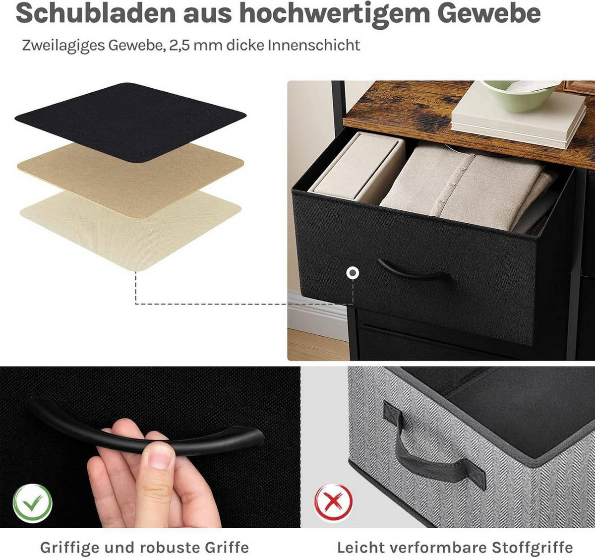 KOMMODE mit 8 Schubladen, 2 Steckdosen, Schwarz - Schwarz, Holzwerkstoff/Textil (132/88/30cm) - Woltu