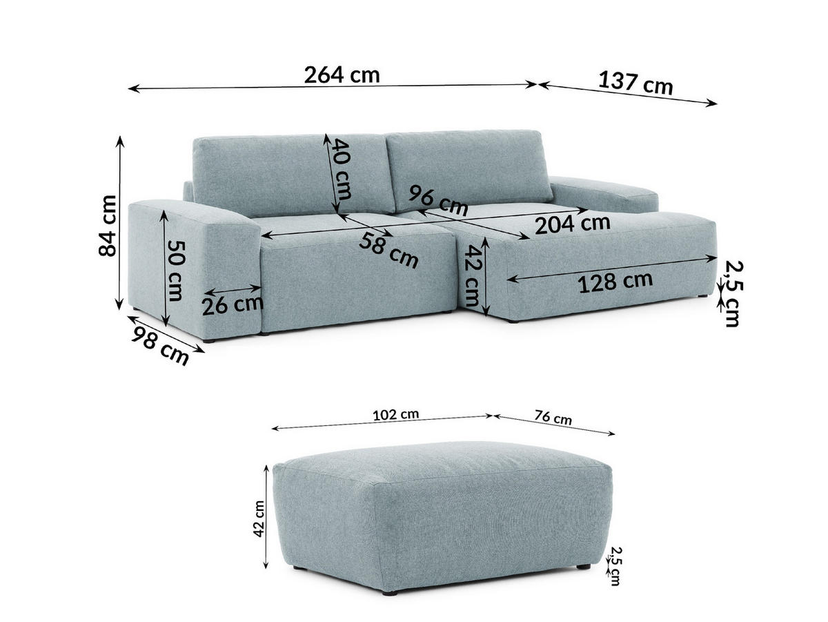 ECKSOFA inkl. Hocker Lennon aus Hellblau Strukturstoff mit Schlaffunktion und Bettkasten - Schwarz/Hellblau, Holz/Kunststoff (264/137cm) - S-Style