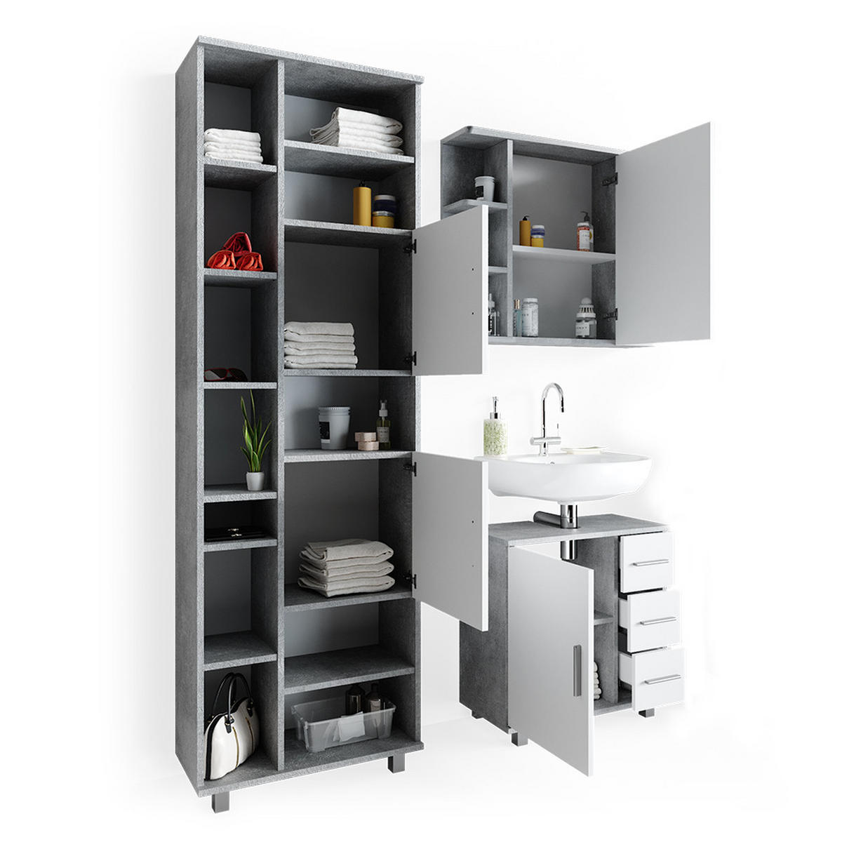 BADMÖBEL-SET Ilias Beton 3 Teile, mit Hochschrank - Weiß/Grau, Holzwerkstoff (60/60.8/33cm) - Vicco