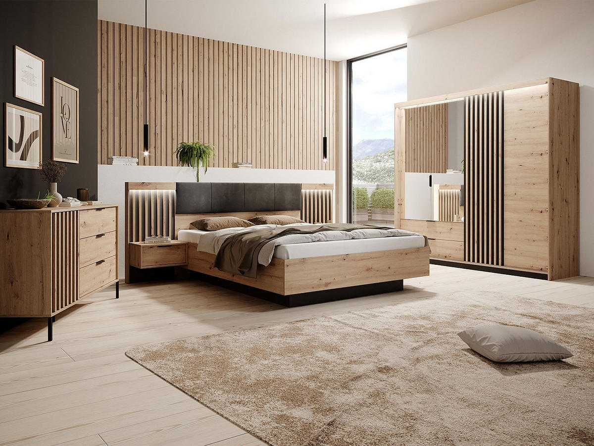 KLEIDERSCHRANK - 220 cm x 60 cm - holz - schwarz, naturfarben hell Ariada - Schwarz/Naturfarben, Holz (220/210.4/60cm) - Vente-Unique