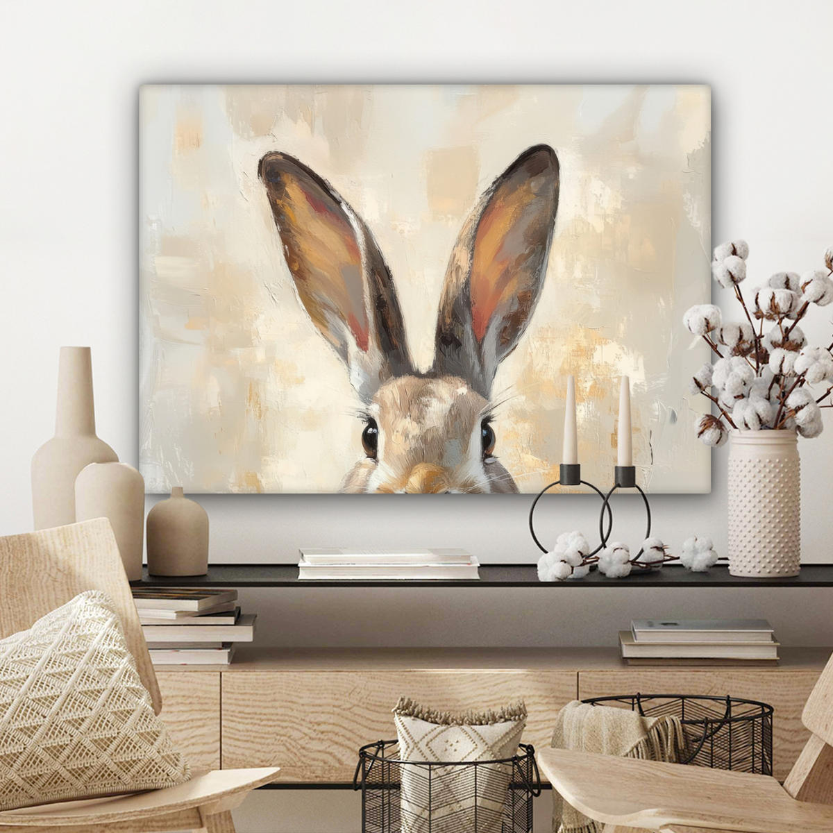 LEINWANDBILD Hase - Ohren - Braun Wandbilder 80x60 cm - Beige, Textil (80/60cm) - MuchoWow
