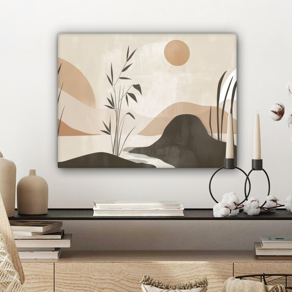 LEINWANDBILD Japandi - Landschaft - Beige 40x30 cm - Cognac, Textil (40/30cm) - MuchoWow