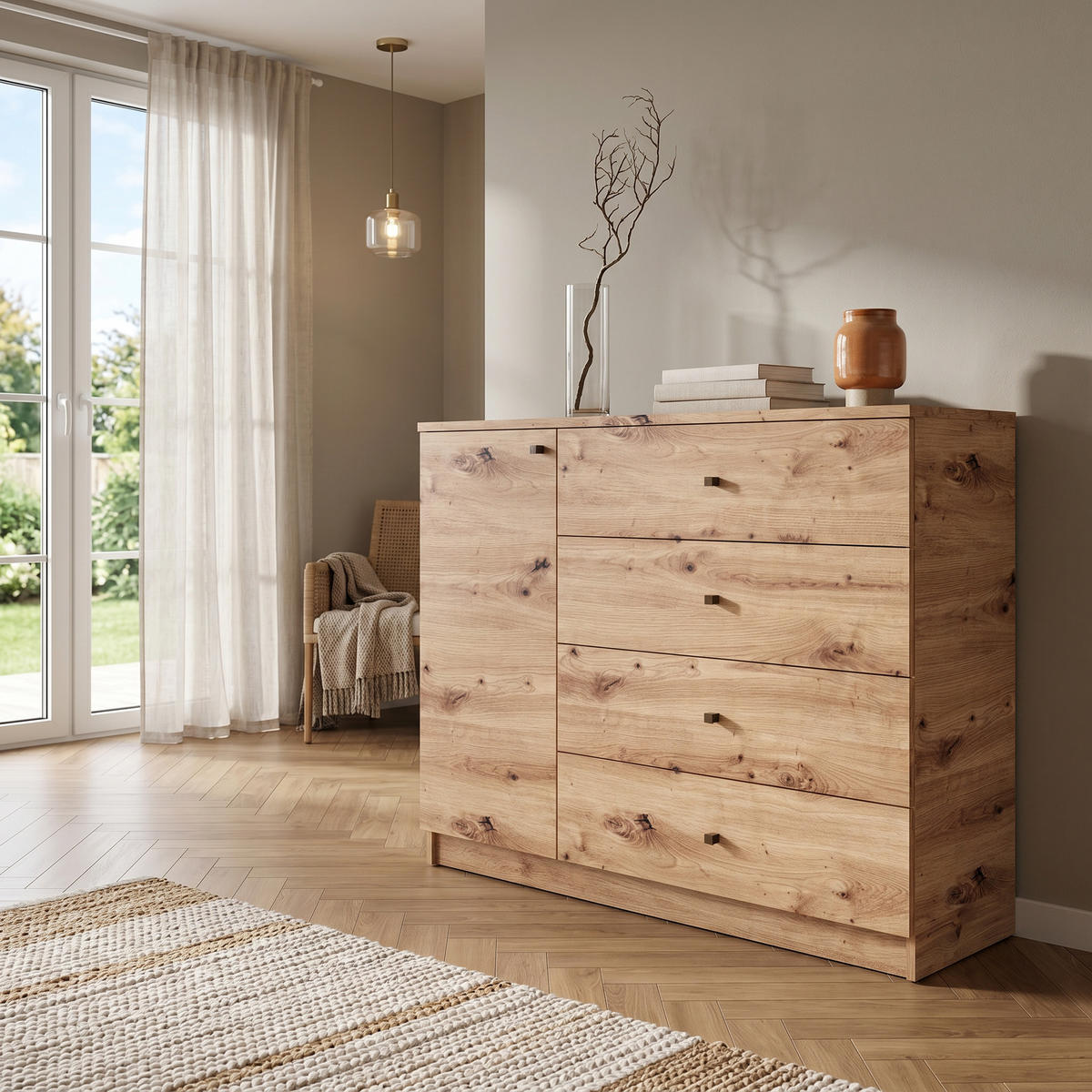 KOMMODE NATURIO 120/87/40cm mit 4 Schubladen 1 Türen Eiche Artisan - Eiche Artisan, Holzwerkstoff (120/87/40cm) - MASSENO