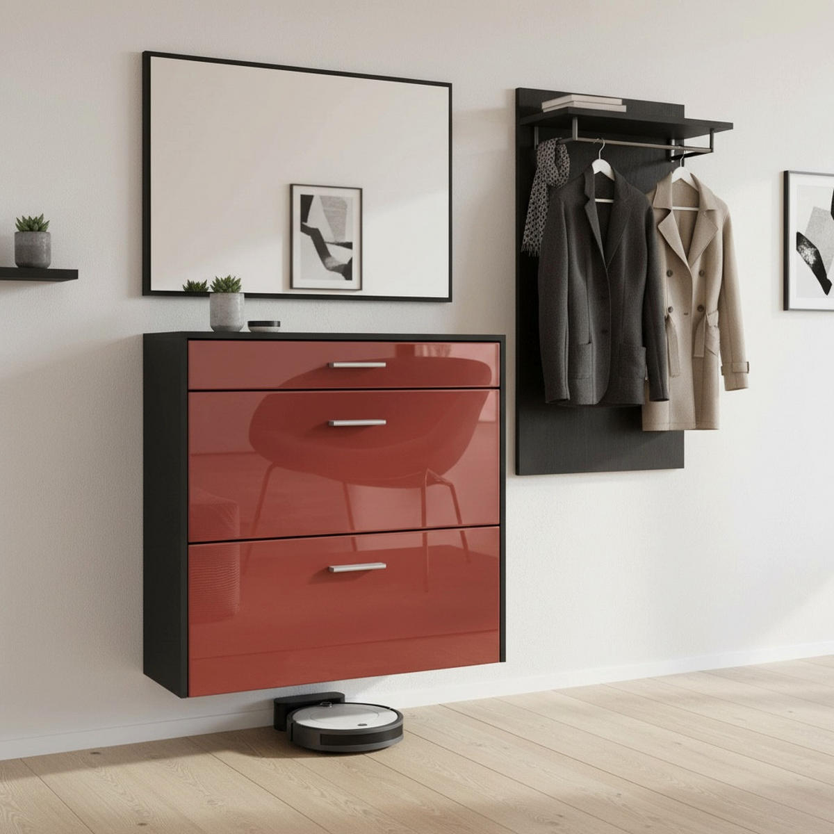 HÄNGENDER-SCHUHSCHRANK Roma Air Schmal mit 2 Klappen und 1 Schublade, Platzsparender Schuhkipper, Schwarz/Bordeaux Hochglanz (89 x 87 x 23 cm) - Bordeaux, Holzwerkstoff (89/87/23cm) - InnoFurn