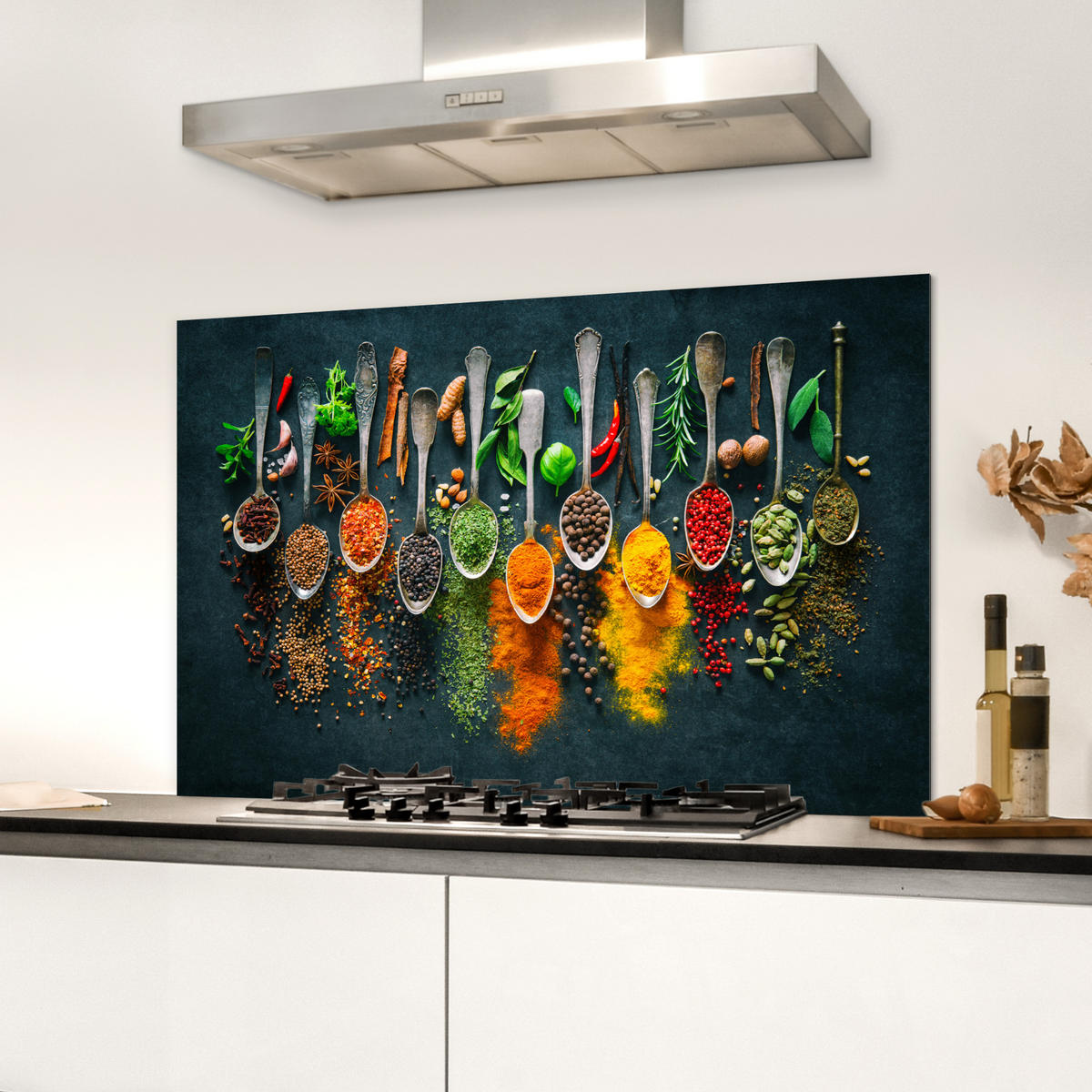 SPRITZSCHUTZ KÜCHE Kräuter - Gewürze - Löffel 90x60 cm - Multicolor, Metall (90/0.3/60cm) - MuchoWow