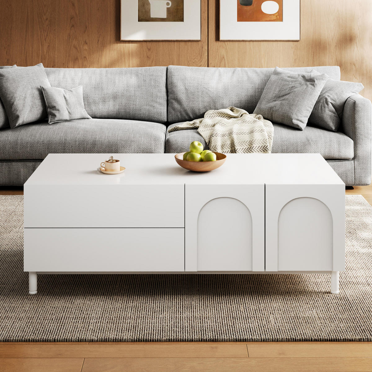 COUCHTISCH mit Stauraum, Bogenfront und Stahlfüßen im modernen Design - Weiß, Holzwerkstoff (100/50/39.5cm) - Korfee