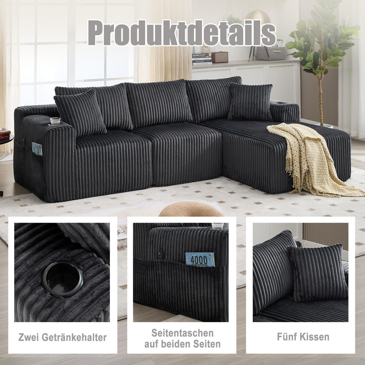 MODULARES Sofa Cord Chaiselongue und 2-Sitzer mit Kissen Taschen und Getränkehaltern 257/90 160/62 cm Grau - Grau, Textil (160/257cm) - Redom