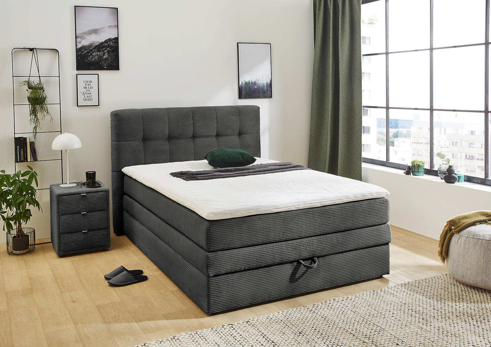BOXSPRINGBETT 140x200 cm, 7-Zonen-Tonnentaschen-Federkernmatratze H3, Topper, Bonell-Federkern, großer Bettkasten, Cord Grau Anthrazit / 20035 - Anthrazit/Schwarz, Kunststoff/Textil (140/200cm) - luma-home