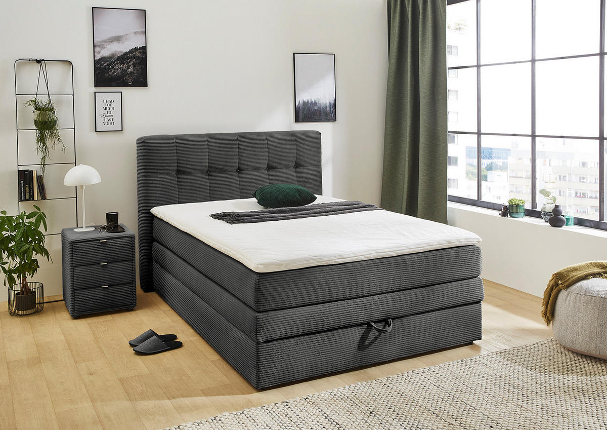 BOXSPRINGBETT 140x200 cm, 7-Zonen-Tonnentaschen-Federkernmatratze H3, Topper, Bonell-Federkern, großer Bettkasten, Cord Grau Anthrazit / 20035 - Anthrazit/Schwarz, Kunststoff/Textil (140/200cm) - luma-home