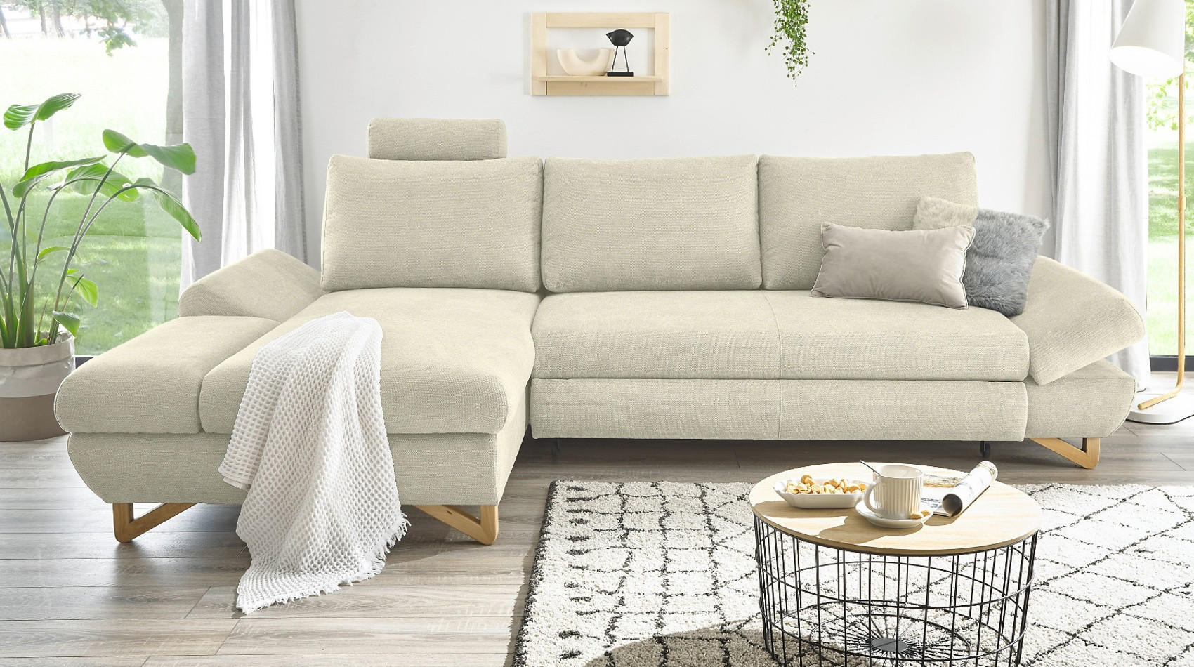 ECKSOFA beige Struktur-Stoff, Sofa mit Bettfunktion und Stauraum 284 cm - Beige, Holz/Textil (166/284cm) - Furn.Design