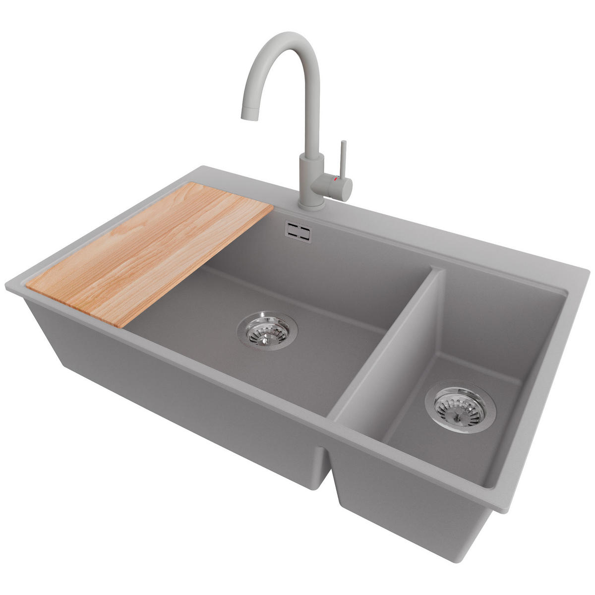 GRANITSPÜLE Oslo Duo, 2-er set Grau 78/50 cm 2 Becken + Küchenarmatur 32/20 cm + Ablauf-Set + Schneidebrett ab 80er Unterschrank - Chromfarben/Beige, Kunststoff (78/20/50cm) - Primagran