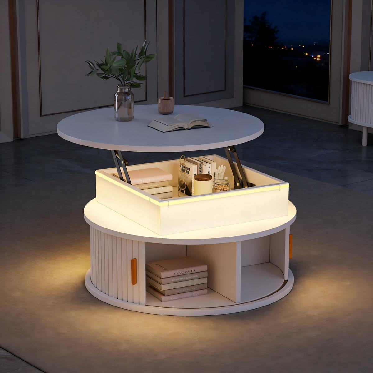 COUCHTISCH 75x75x52 cm Weiß Hochglanz LED Rolltüren Stauraum - Weiß, Holzwerkstoff (75/75/52cm) - FLIEKS