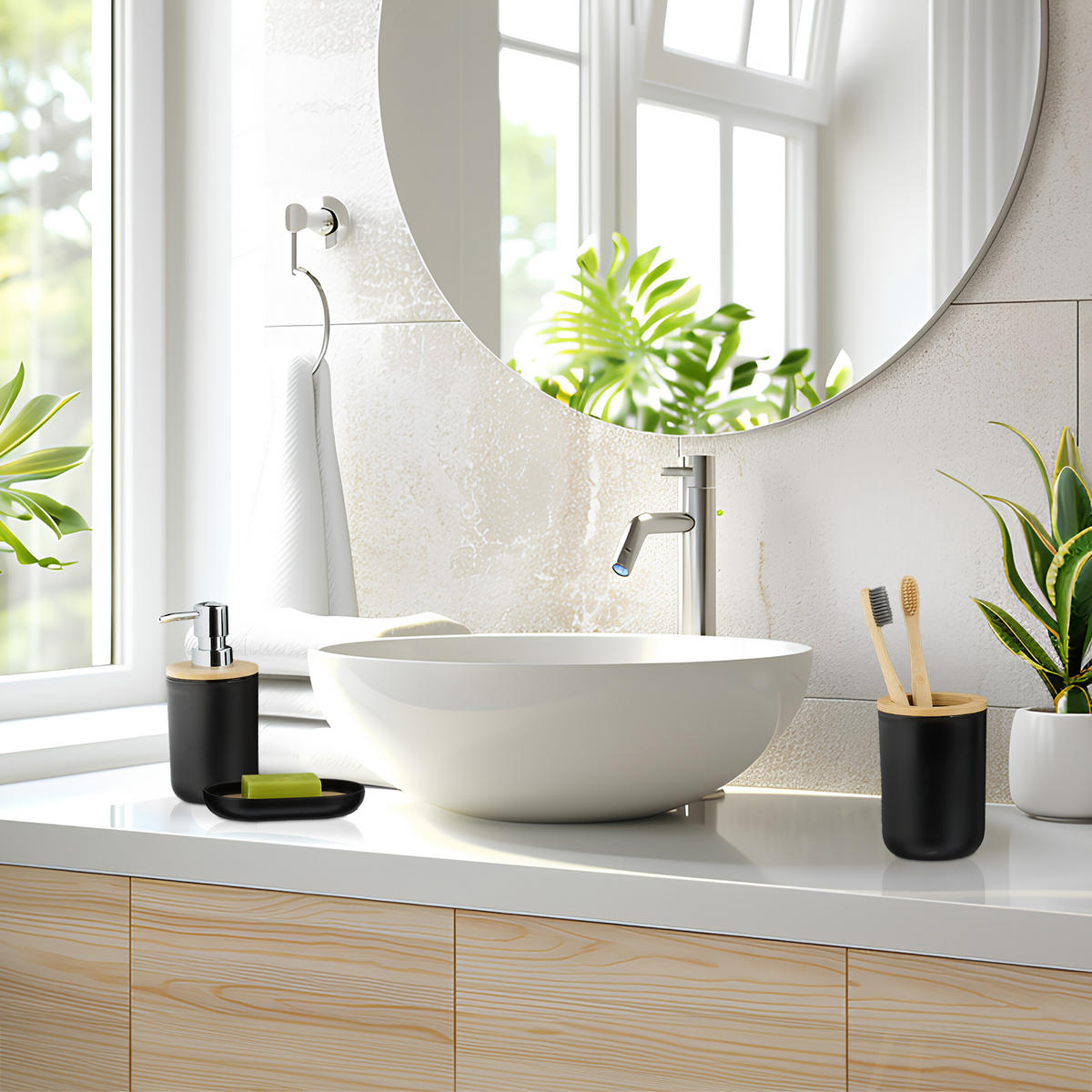 6-tlg.BADEZIMMER-SET - Multicolor, Holz/Kunststoff (19.5/27/19.5cm) - Relaxdays