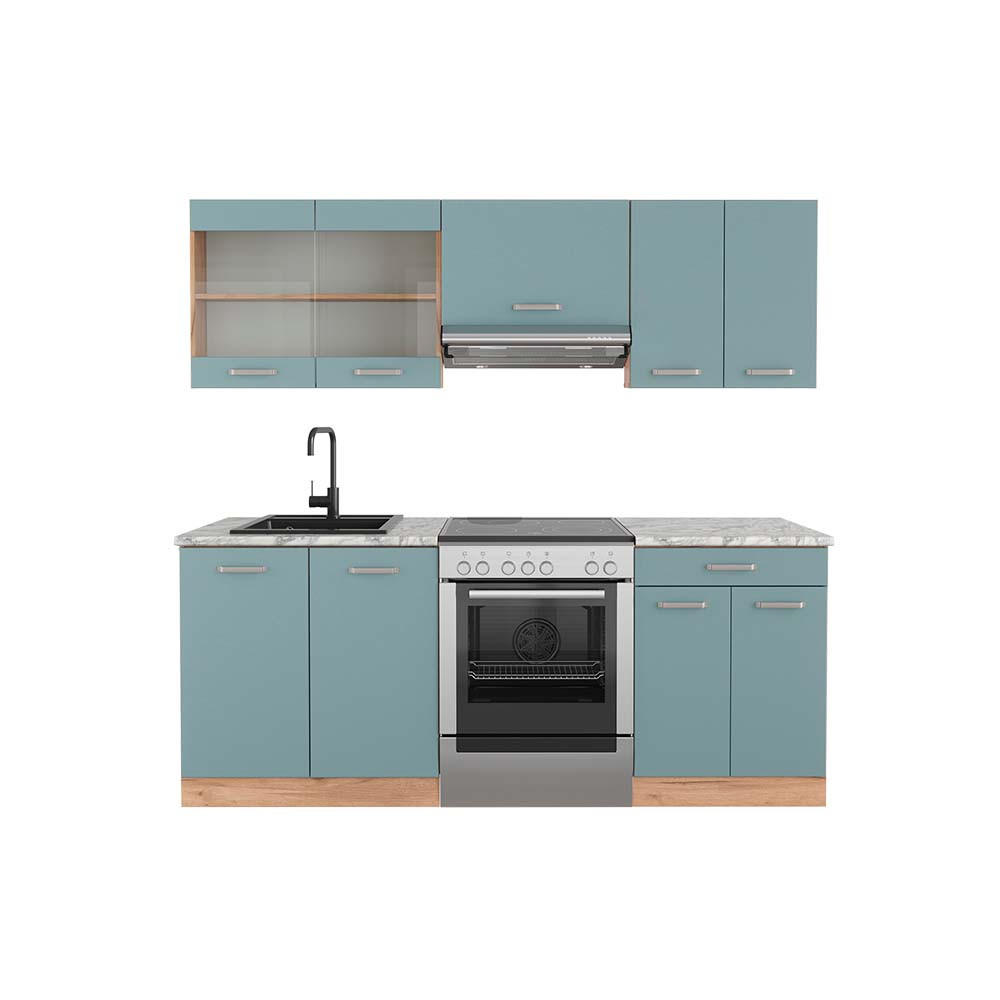 KÜCHENZEILE R-Line Blau-Grau/Goldkraft Eiche 200 cm, AP Marmor - Honigeiche/Blaugrau, Holzwerkstoff (200/81.6/60cm) - Vicco