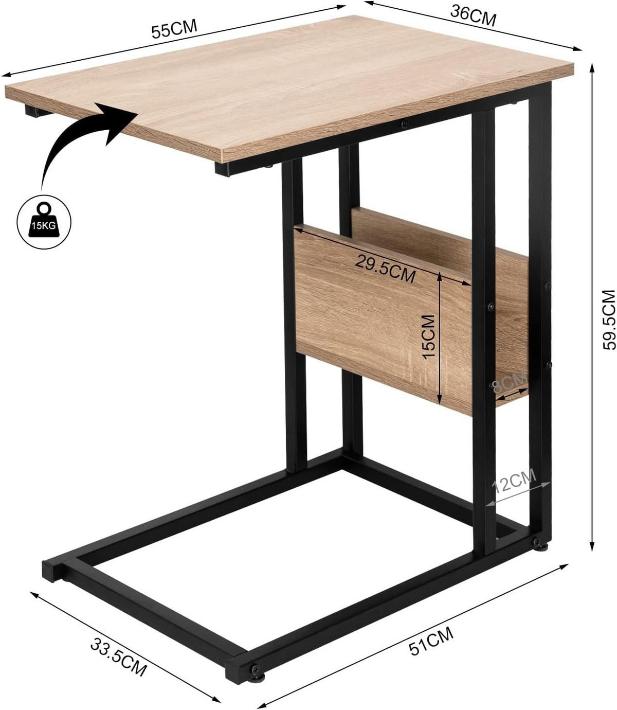BEISTELLTISCH 55x36x59,5cm(BxTxH), Hell Eiche - Eichefarben/Schwarz, Holzwerkstoff/Metall (36/55/59.5cm) - Woltu