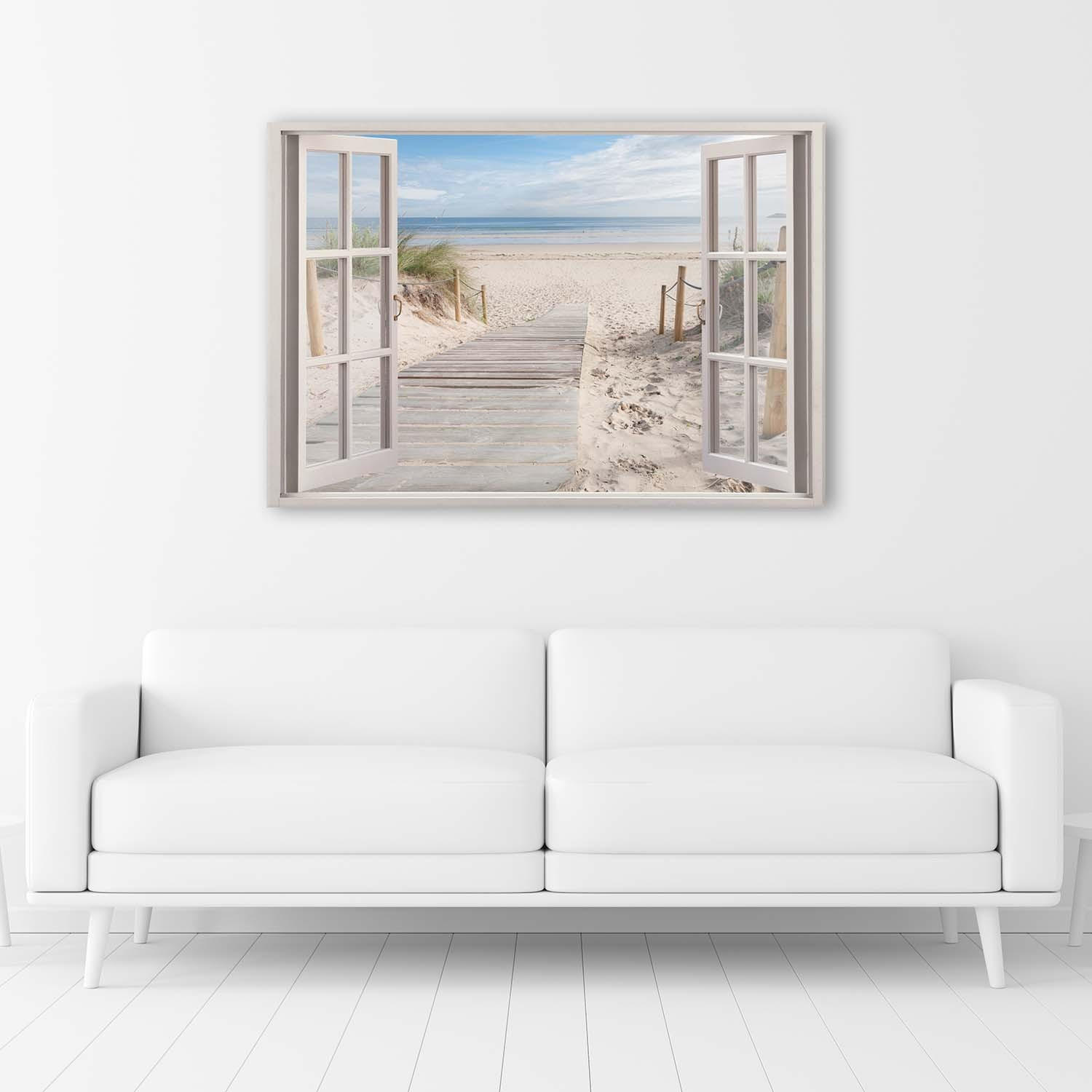 BILD AUF LEINWAND Fensterblick Strand Meer Landschaft - Beige, Textil (60/40cm) - Feeby