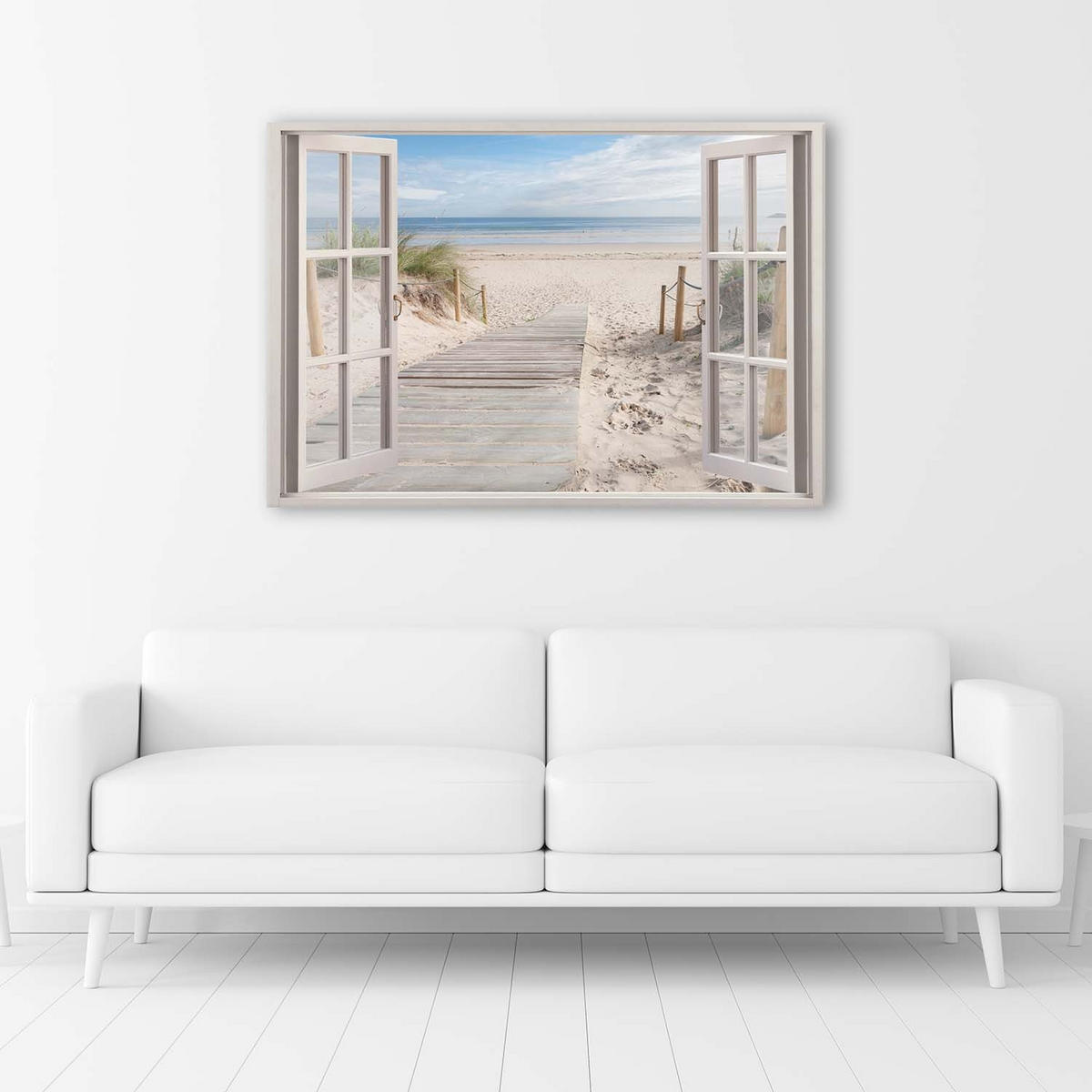 BILD AUF LEINWAND Fensterblick Strand Meer Landschaft - Beige, Textil (90/60cm) - Feeby