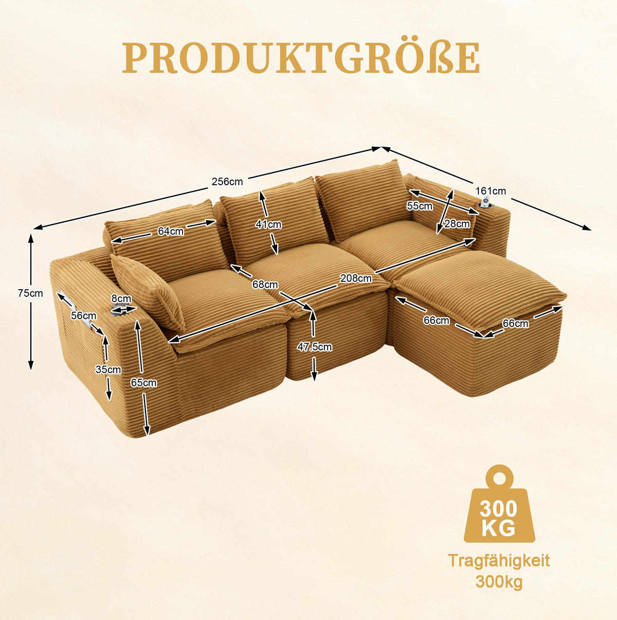 ECKSOFA 256/161/75 cm Orange aus Cord mit Kissen und Seitentaschen - Orange, Textil (161/256cm) - OKWISH