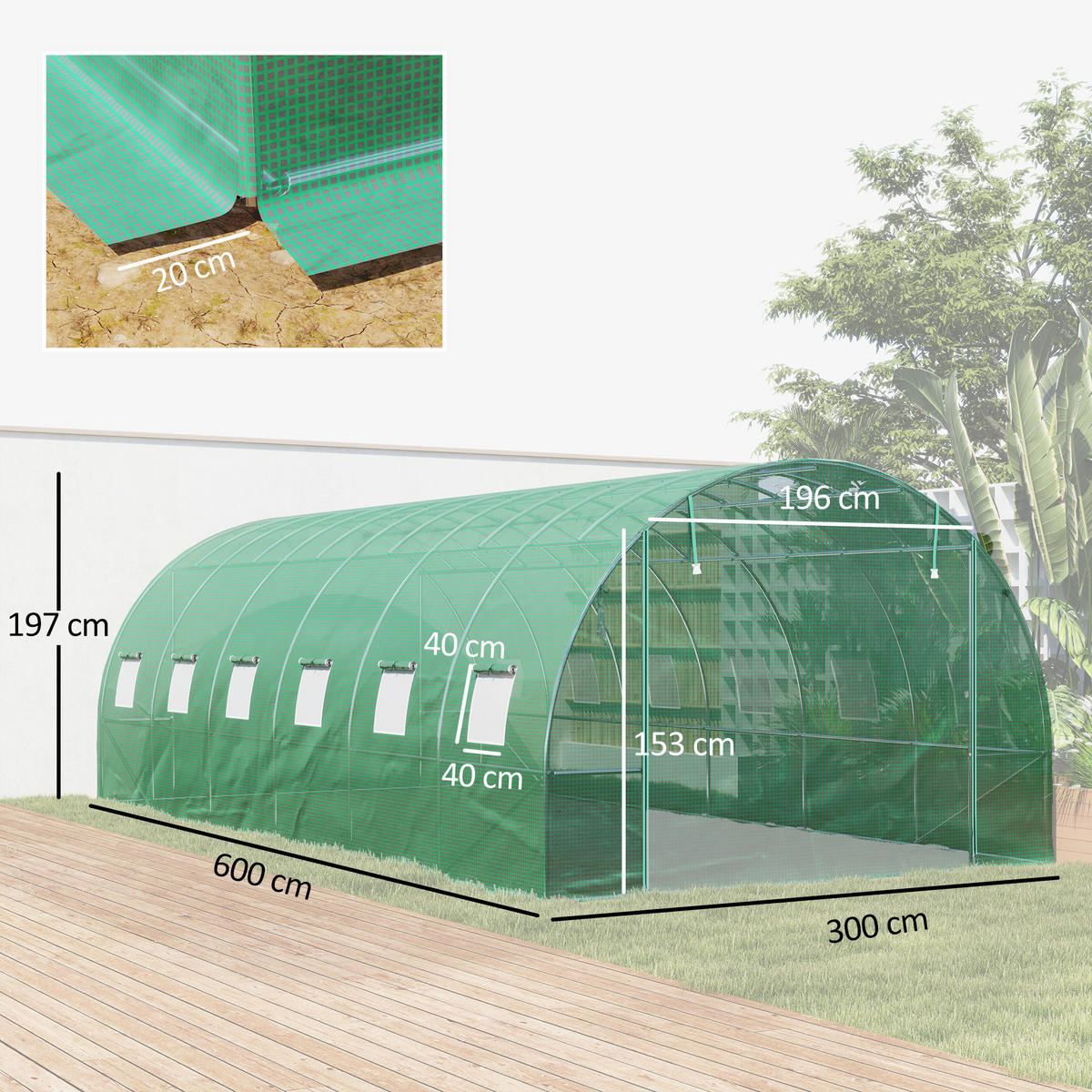 FOLIENTUNNEL, 600L x 300B x 197H cm - Grün, Kunststoff/Metall (300/197/600cm) - Outsunny