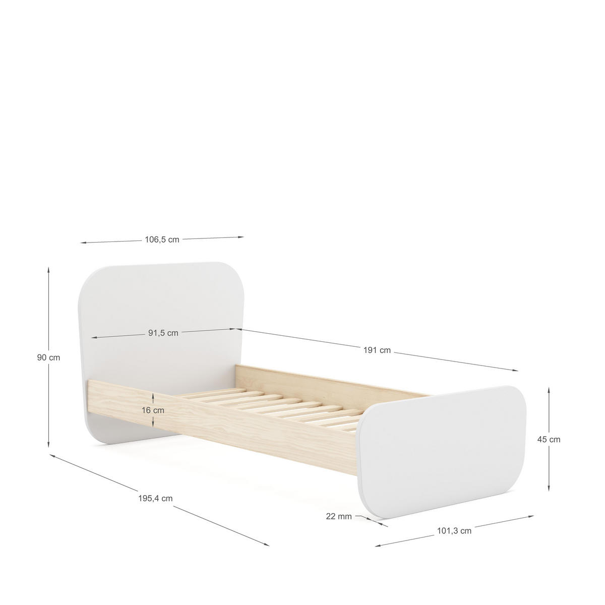 BETT 90x190 cm mit abgerundeten Formen 106,5/195,4/90 cm - Weiß, Holz (190/90cm) - Calicosy